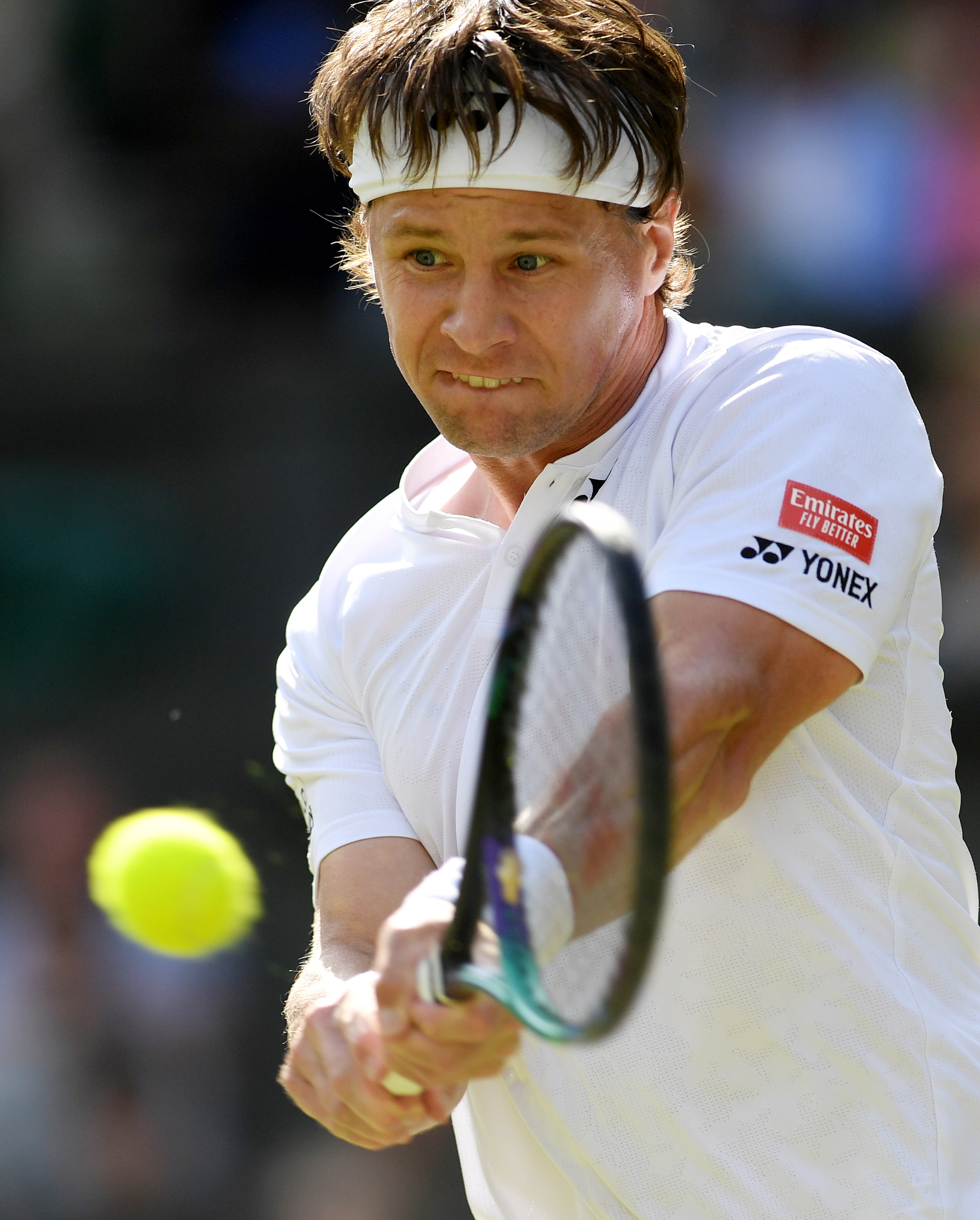 Wimbledon (United Kingdom), 30/06/2022.- Ricardas  lt;HIT gt;Berankis lt;/HIT gt; of Lithuania in action in the men's second round match against Rafael Nadal of Spain at the Wimbledon Championships, in Wimbledon, Britain, 30 June 2022. (Tenis, Lituania, España, Reino Unido) EFE/EPA/NEIL HALL EDITORIAL USE ONLY