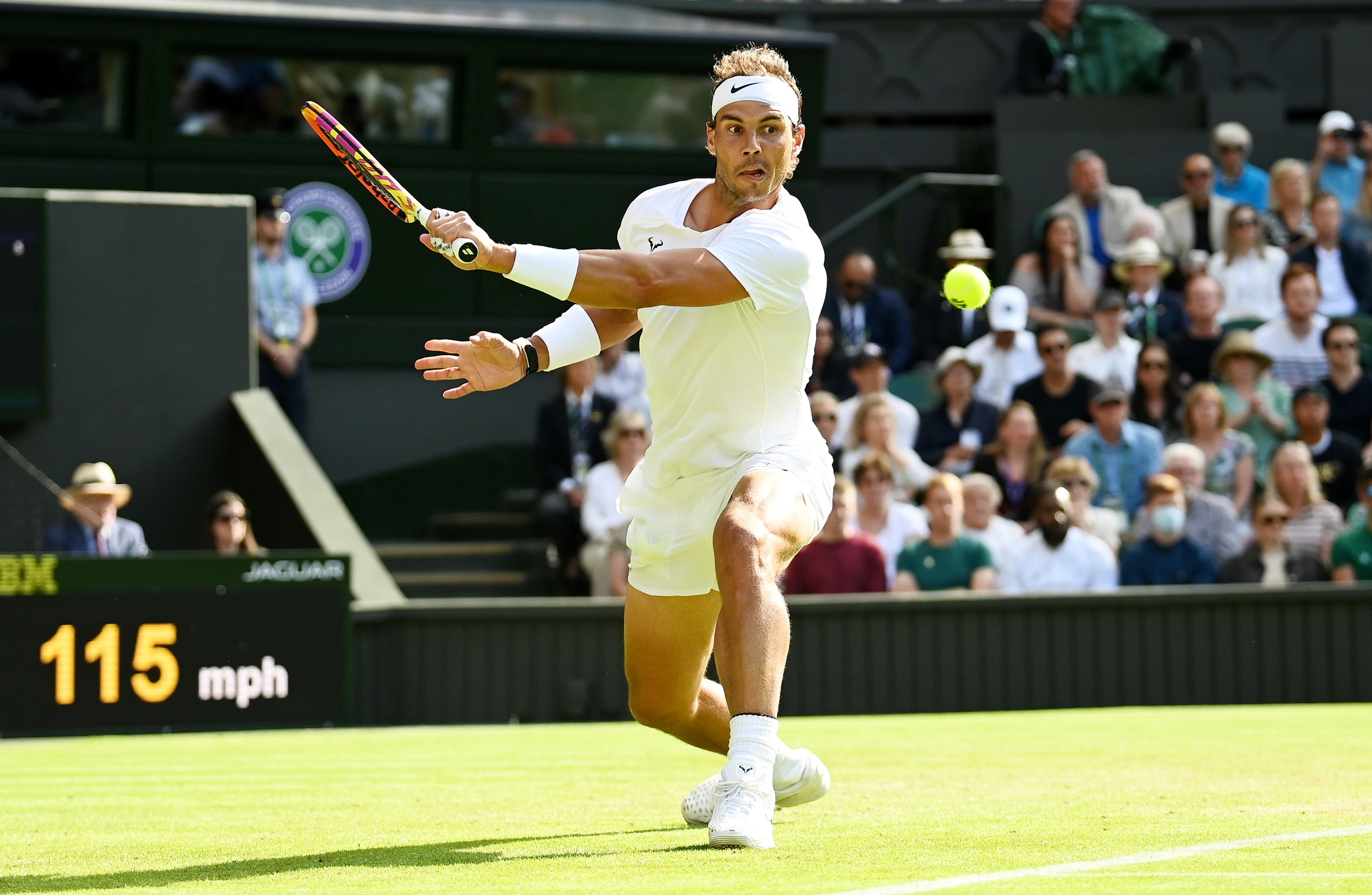 Wimbledon (United Kingdom), 30/06/2022.- Rafael  lt;HIT gt;Nadal lt;/HIT gt; of Spain in action in the men's second round match against Ricardas Berankis of Lithuania at the Wimbledon Championships, in Wimbledon, Britain, 30 June 2022. (Tenis, Lituania, España, Reino Unido) EFE/EPA/NEIL HALL EDITORIAL USE ONLY