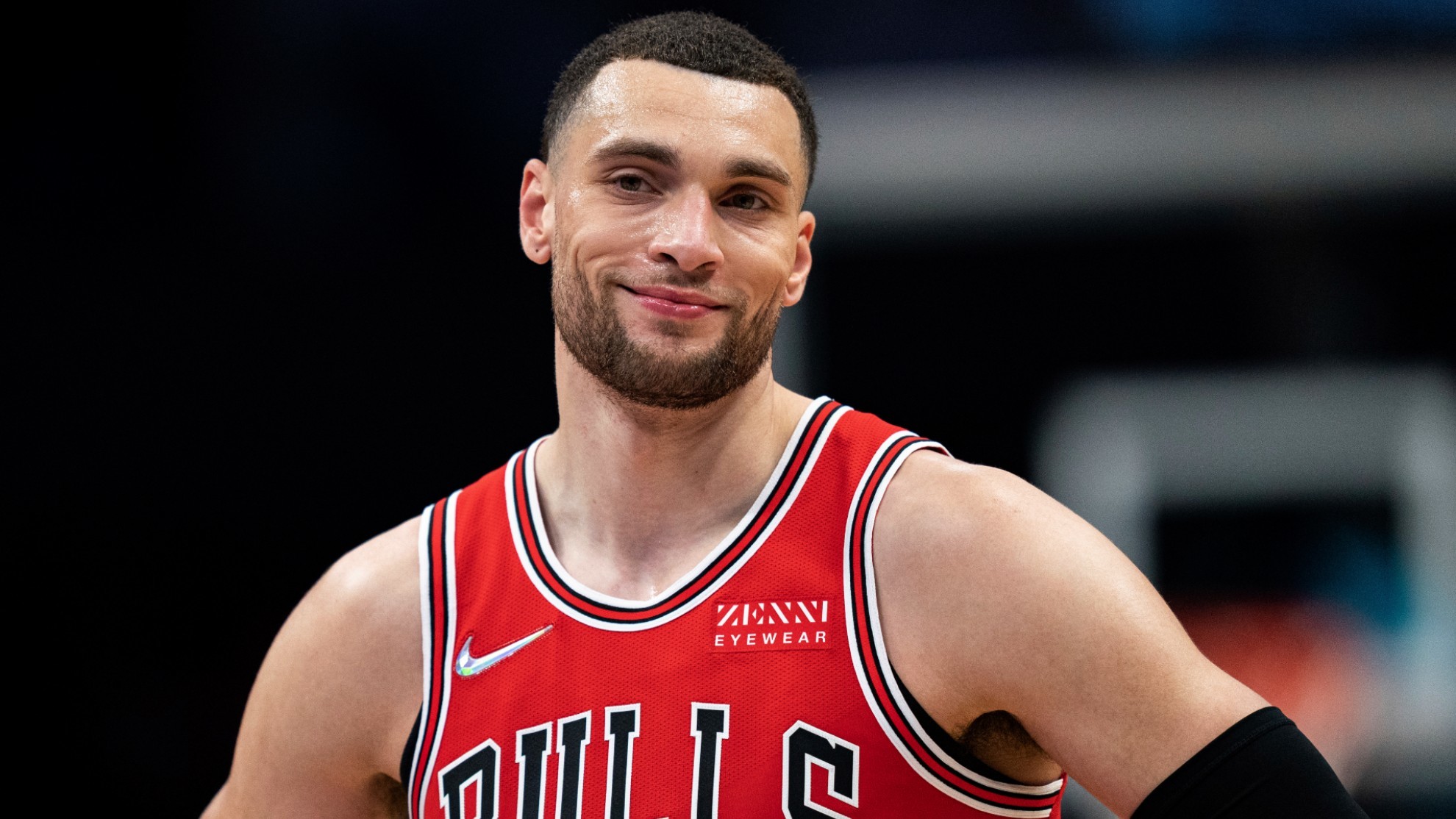 Chicago Bulls guard Zach LaVine pauses during the second half of the team's NBA basketball game against the Charlotte Hornets.