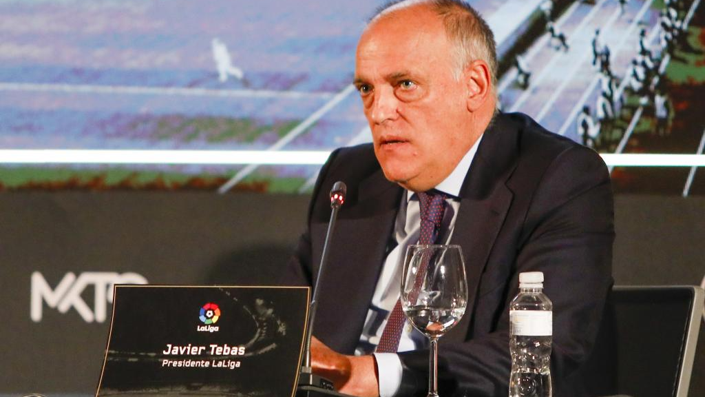 Javier Tebas, presidente de LaLiga, durante una comparecencia.