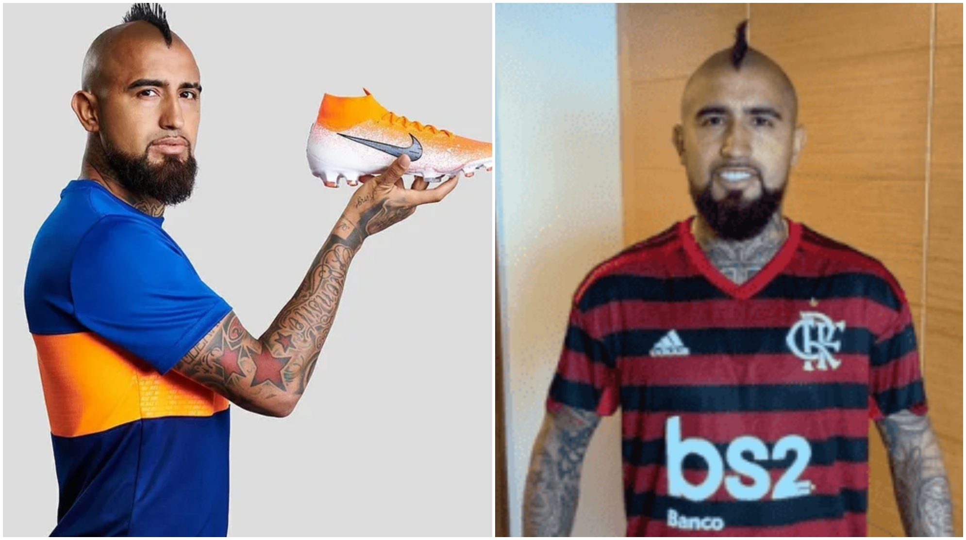 Vidal, con una camiseta azul y amarillo y otra con la elástica del Flamengo.