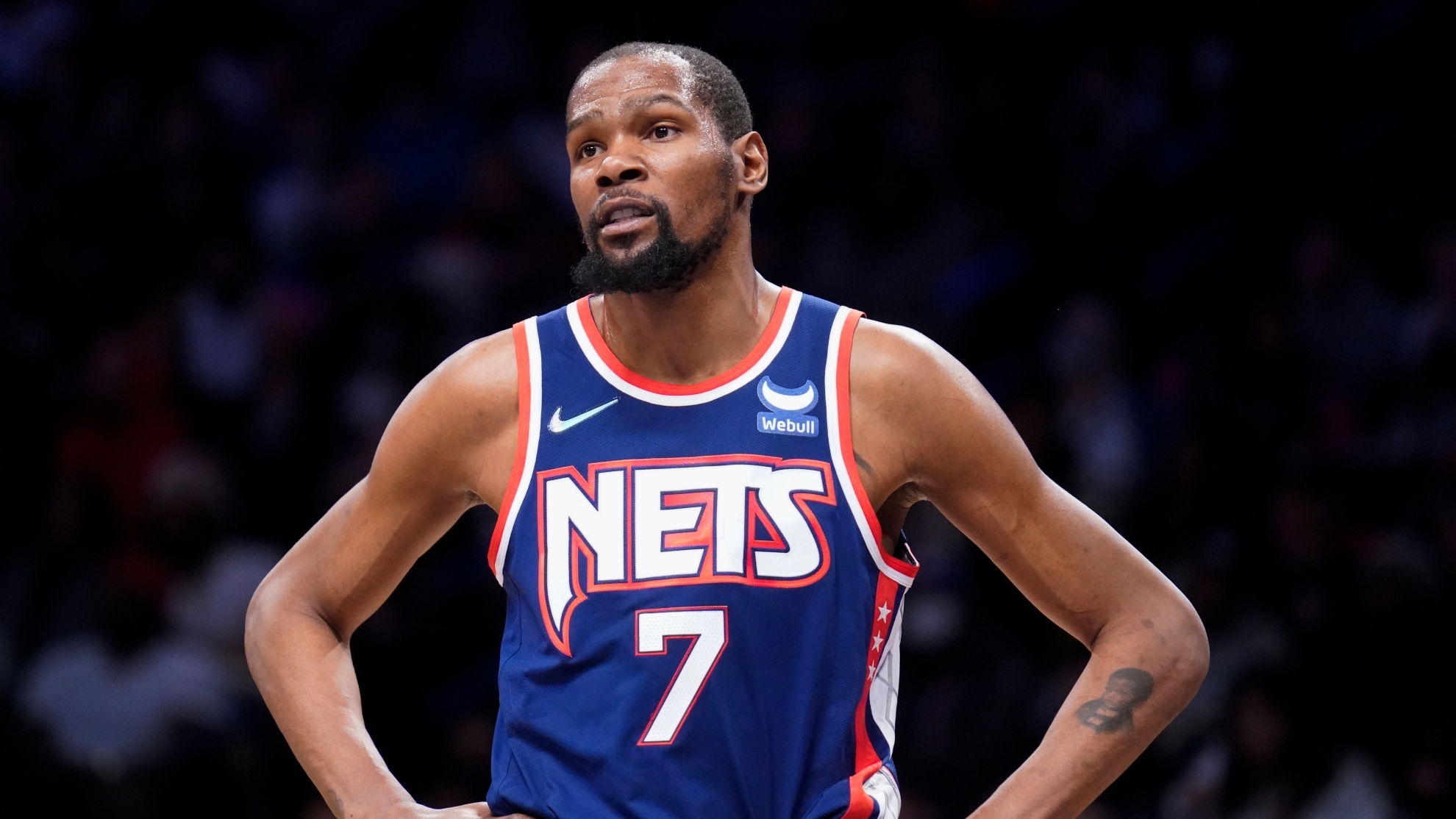 Kevin Durant reacts to a referee's call during the first half of the team's NBA basketball game against the Miami Heat, Thursday, March 3, 2022