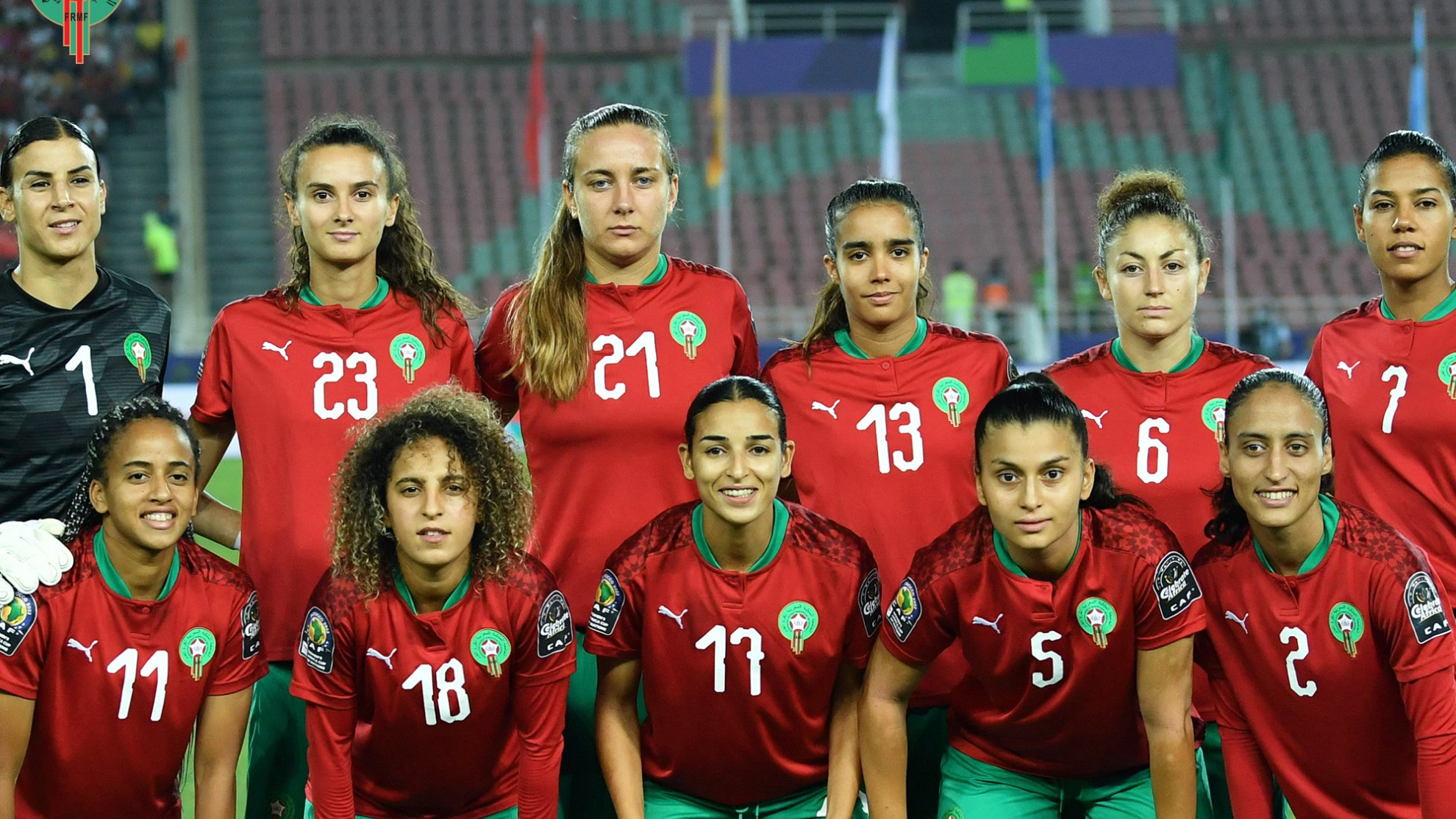 La selección de fútbol femenino de Marruecos antes de empezar el partido de cuartos de final de la Copa África.