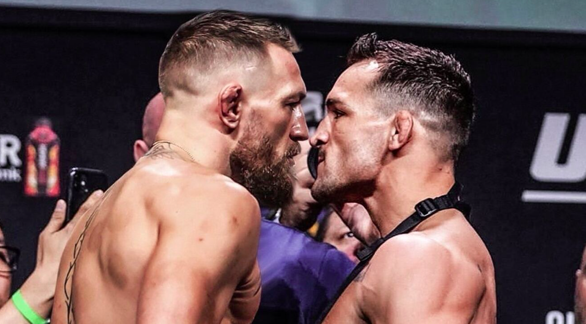 A photoshopped image of Conor McGregor and Michael Chandler at a weigh-in.