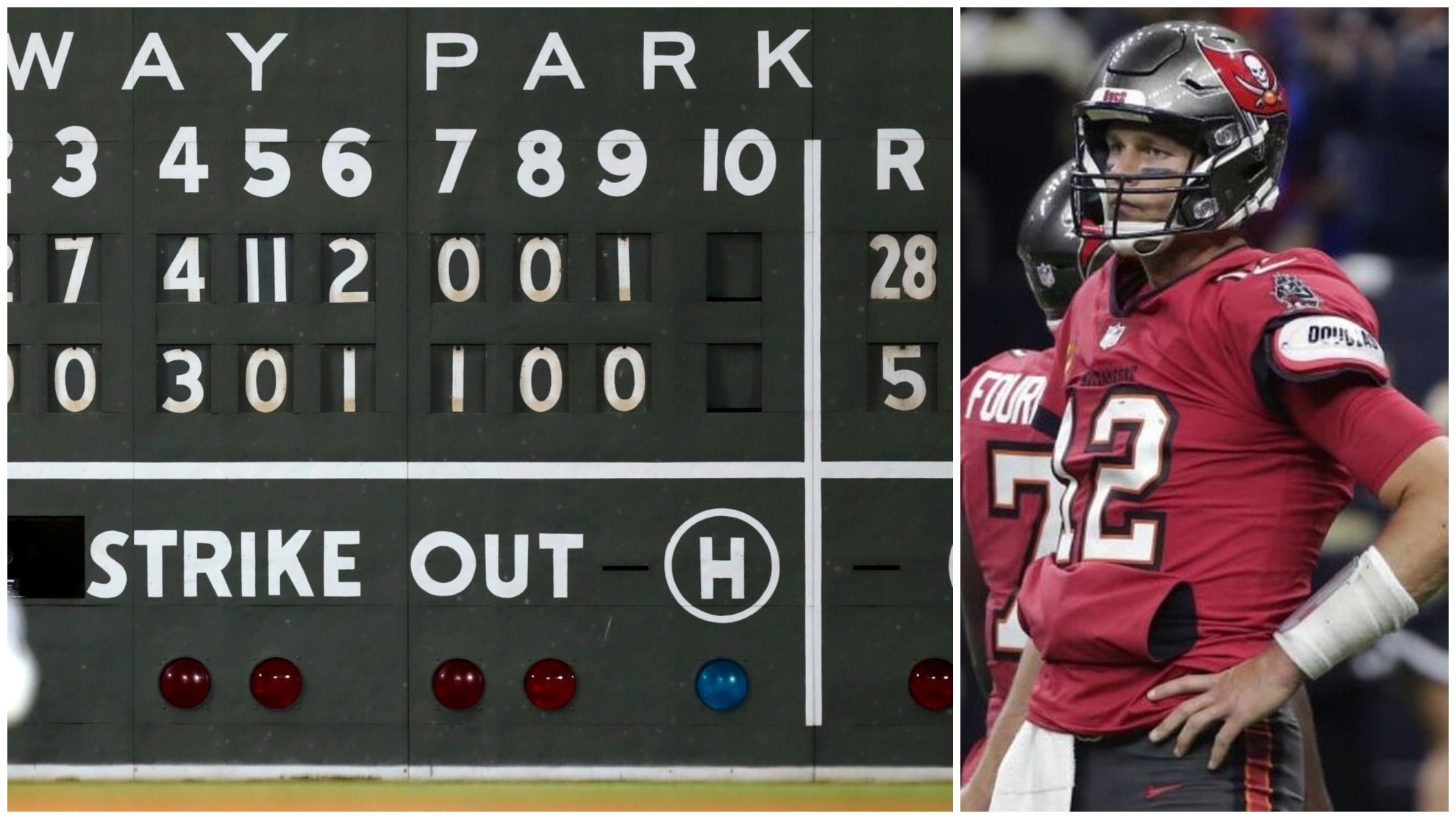 The Boston Red Sox's scoreboard and Tom Brady