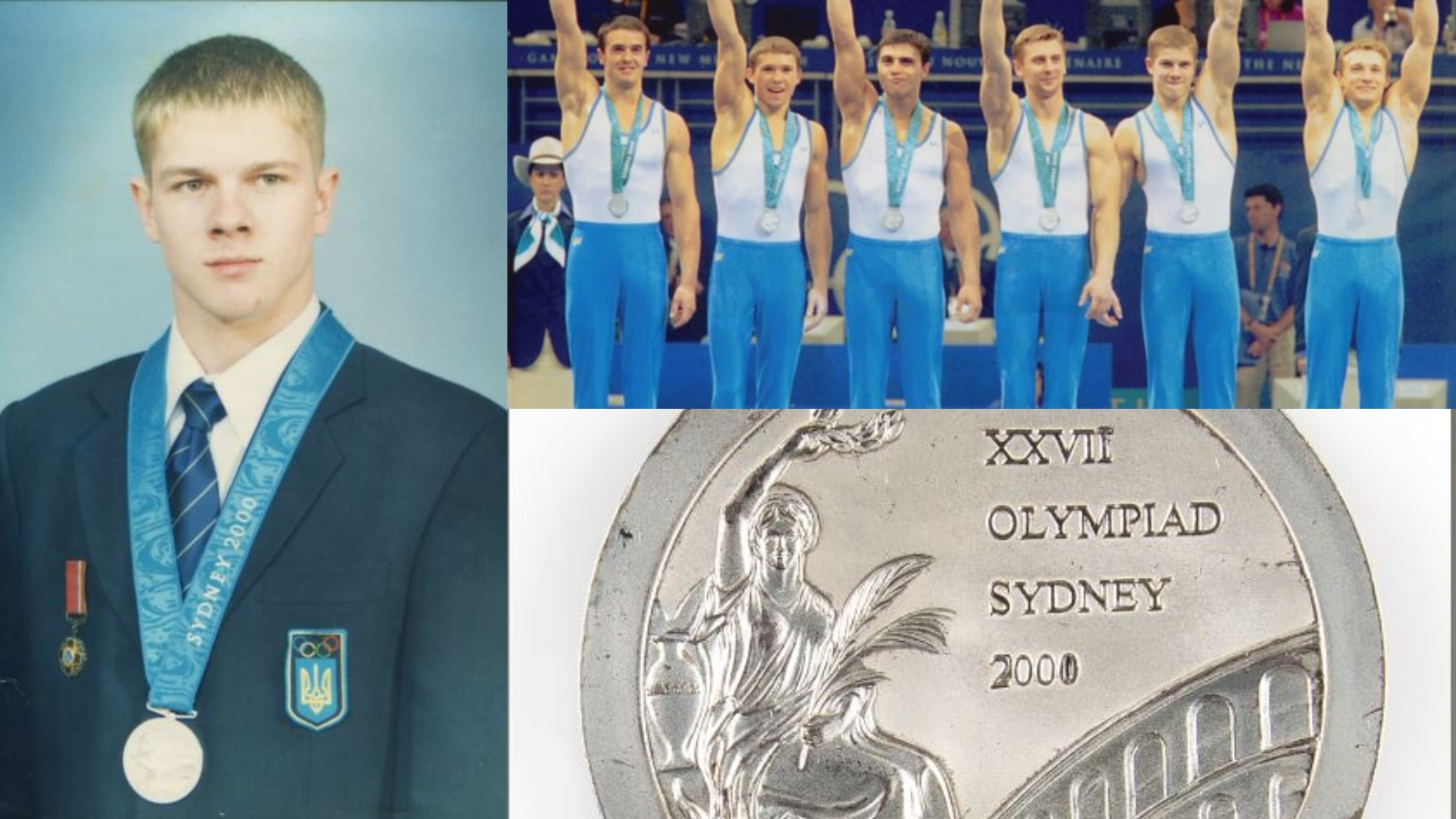 Ruslan Mezentsev, con la plata olímpica y en el podio de Sídney con el resto del equipo ucraniano.