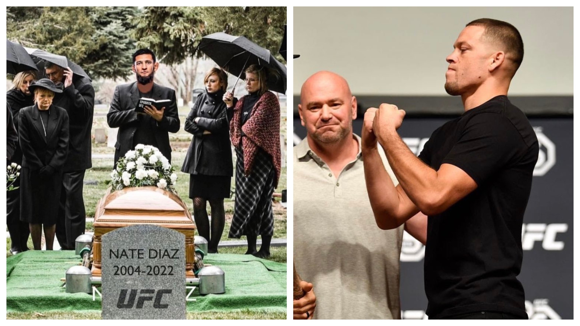 Izda: un meme de Chimaev y la lápida que anuncia el final de la carrera de Díaz en UFC. Drcha: Dana White y Nate Díaz.