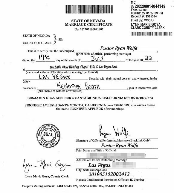 Revelado: Este es el certificado de matrimonio de Jennifer Lopez y Ben Affleck en Las Vegas
