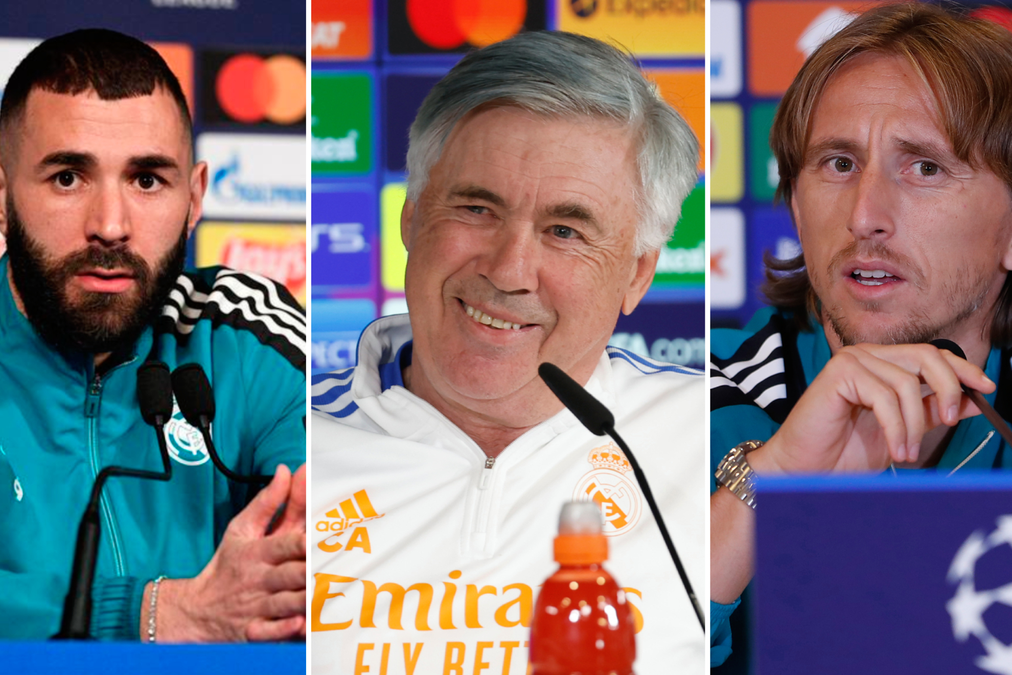 En el montaje, Benzema, Ancelotti y Modric.