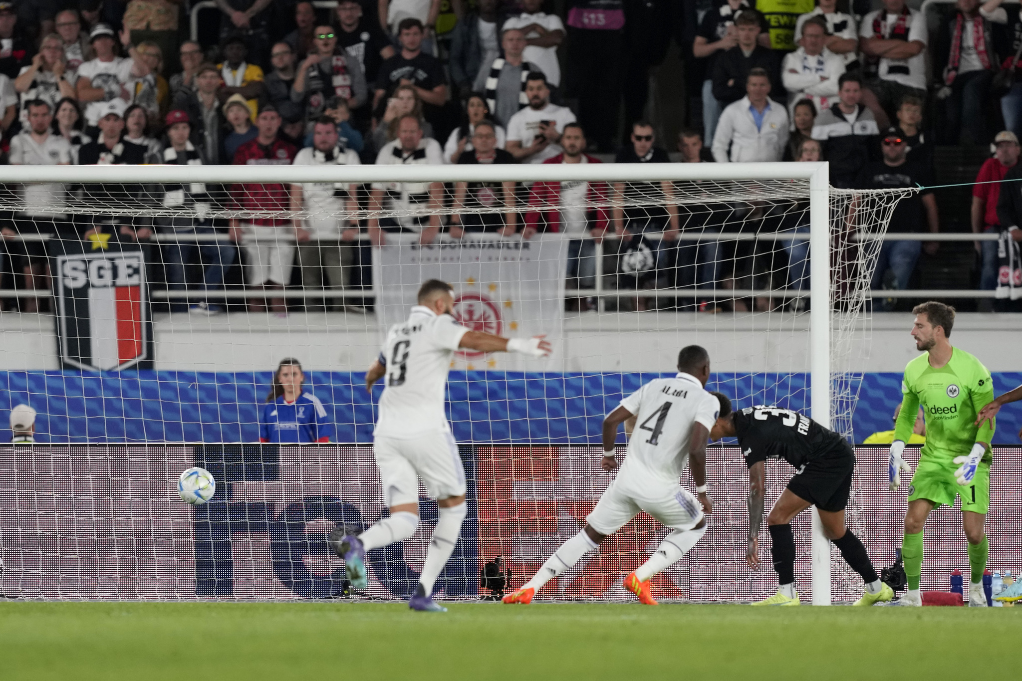 Real Madrid's David Alaba, second left, celebrates after scoring 