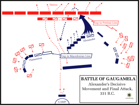 Batalla de Gaugamela. Alejandro Magno dirige la caballería desde el ala derecha, el puesto de honor para los griegos En ataque, gira a la izquierda