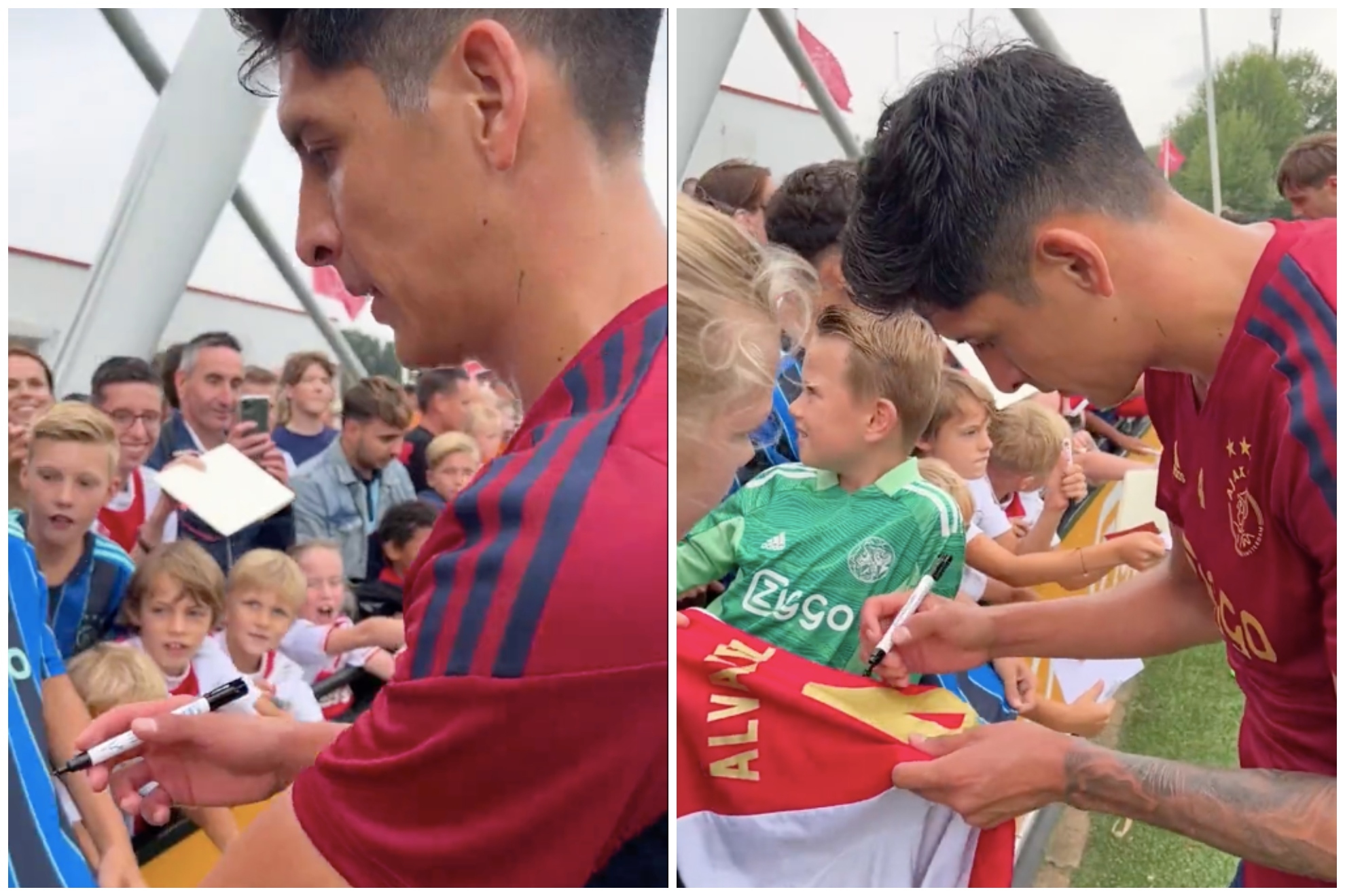 Los jugadores del Ajax regalan autógrafos a los niños.