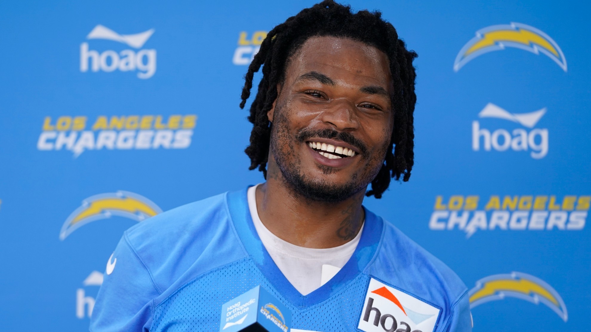 Los Angeles Chargers safety Derwin James Jr. speaks to reporters.