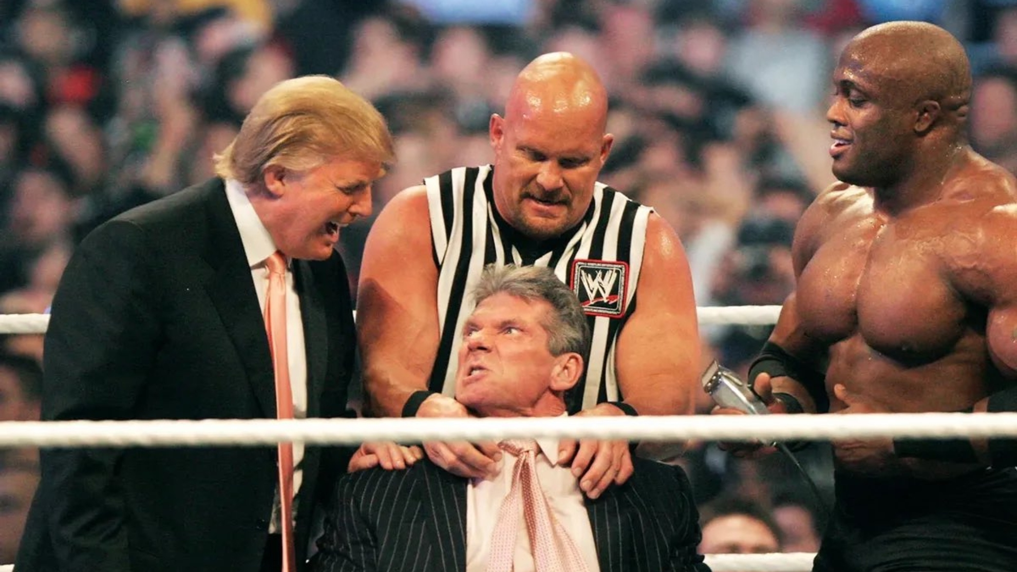 Vince McMahon getting shaved by Donald Trump