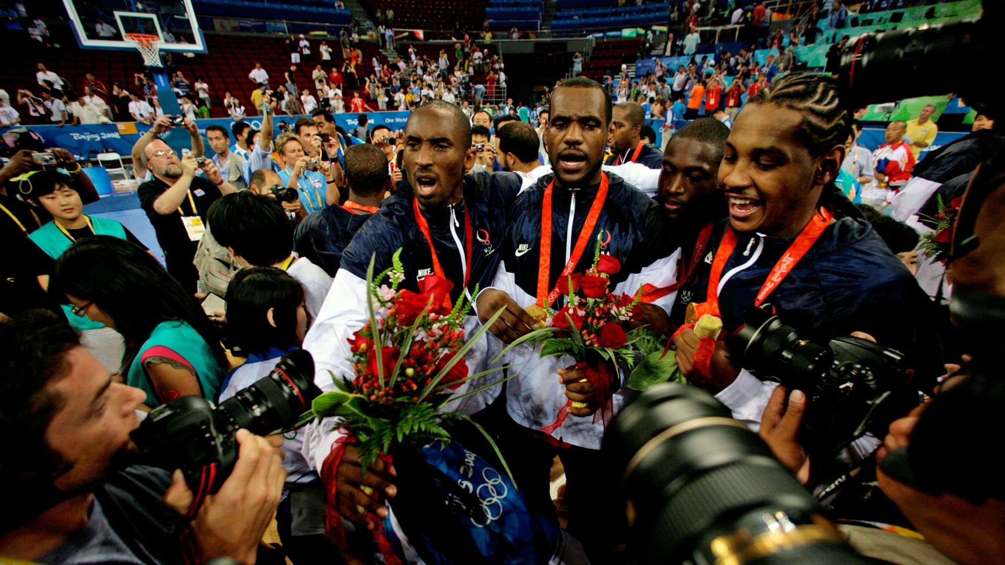Kobe Bryant, from left, LeBron James, Dwyane Wade and Carmelo Anthony, of the U.S. Olympic basketball team.