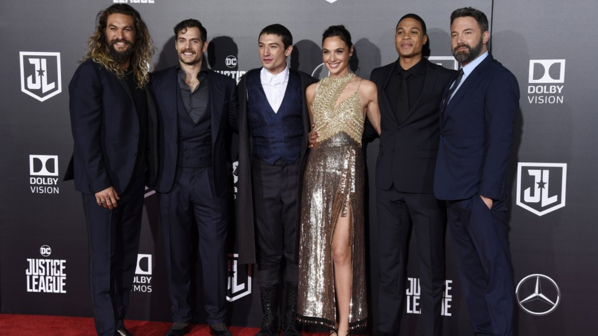 The cast of "Justice League," pose at the premiere of the film in Los Angeles.
