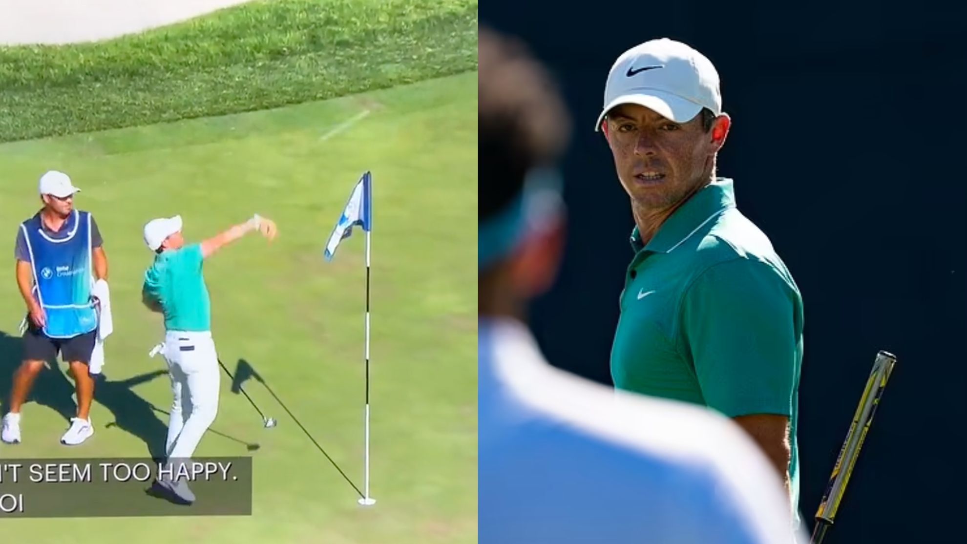 Rory McIlroy proceeds to throw a fan's remote control golf ball into a nearby pond and then stares his down.