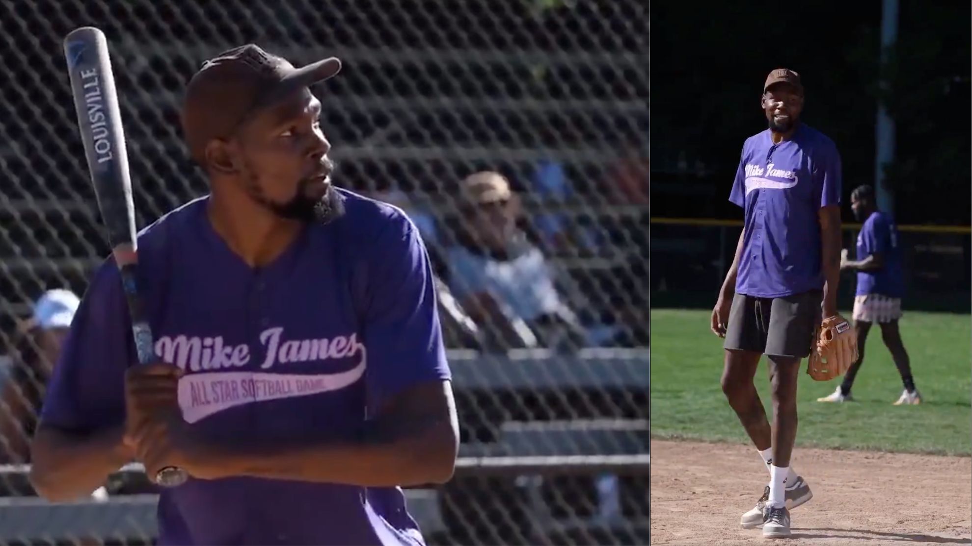 KD was spotted playing in an all-star charity softball game while trade rumors haven't ceased all offseason.