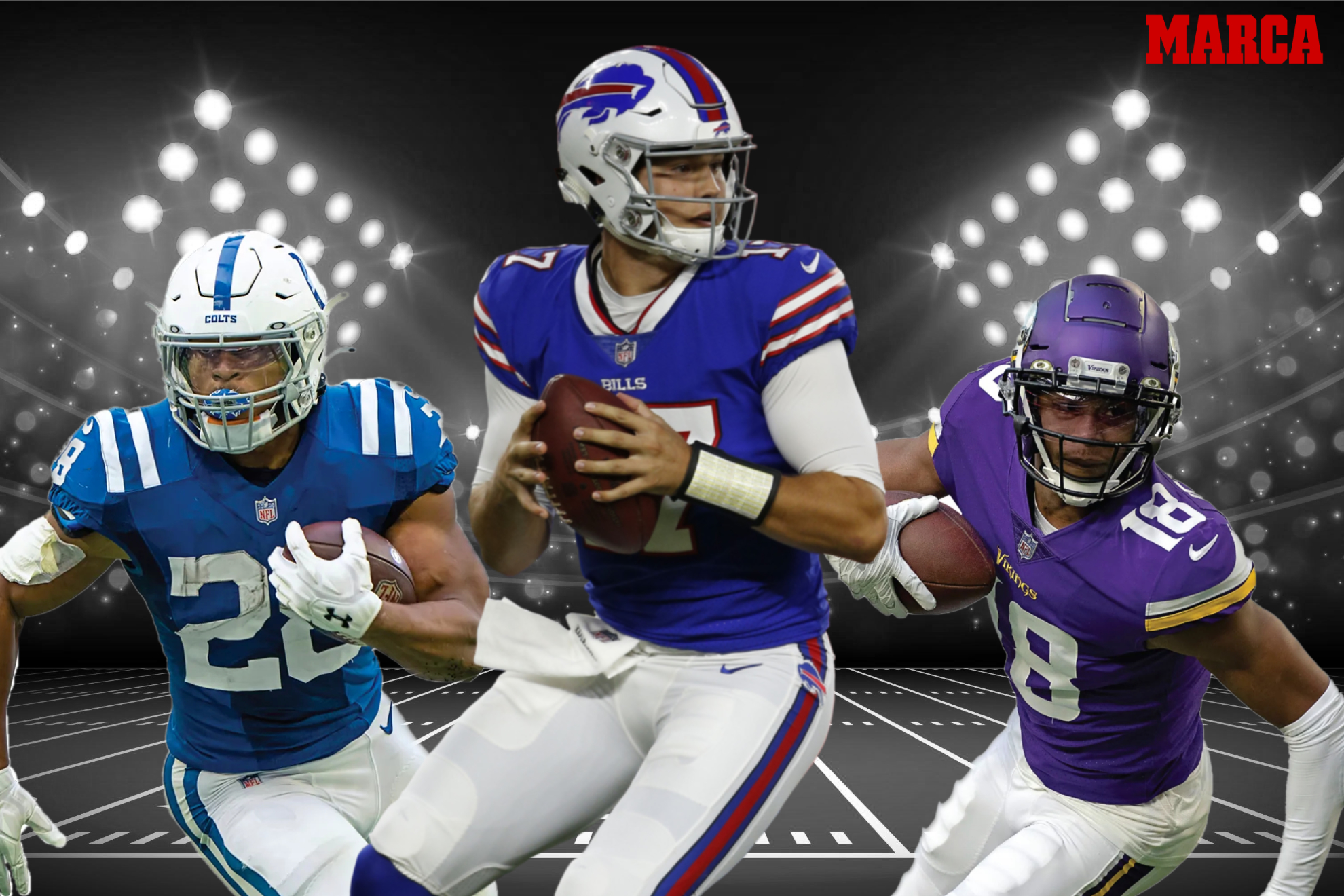 Jonathan Taylor (RB), Josh Allen (QB), and Justin Jefferson (WR) lead this year's NFL Fantasy Draft Class. -MARCA