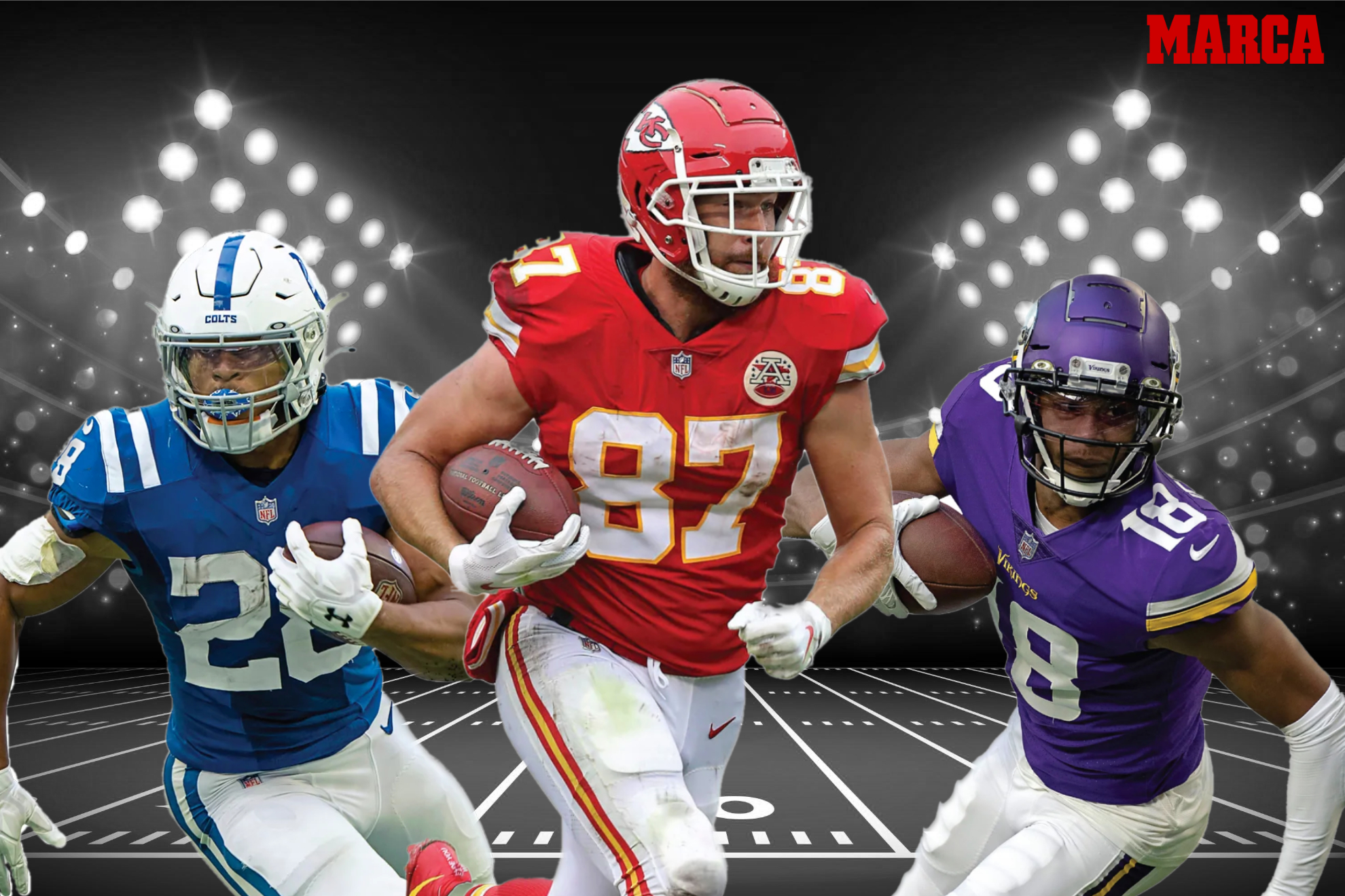 Jonathan Taylor (RB), Travis Kelce (TE), and Justin Jefferson (WR) lead this year's class in their respective positions. -MARCA