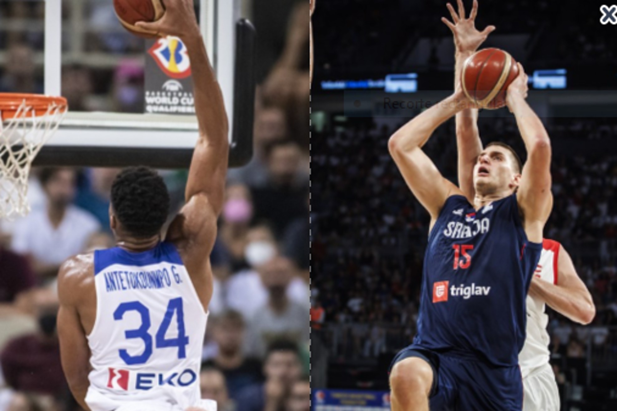 Giannis Antetokounmpo y Nikola Jokic, en sus partidos con Grecia y Serbia. FIBA PHOTOS