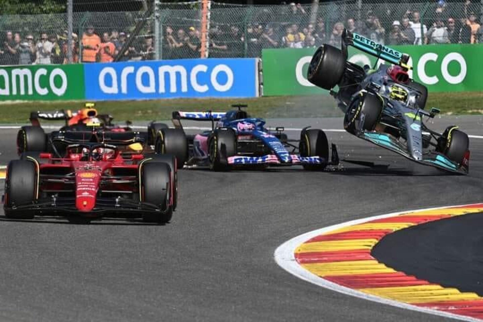 The crash between Lewis Hamilton and Fernando Alonso