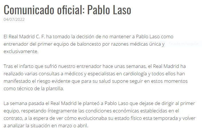 Parte del comunicado oficial del Real Madrid en el que anunciaba el despido de Laso.