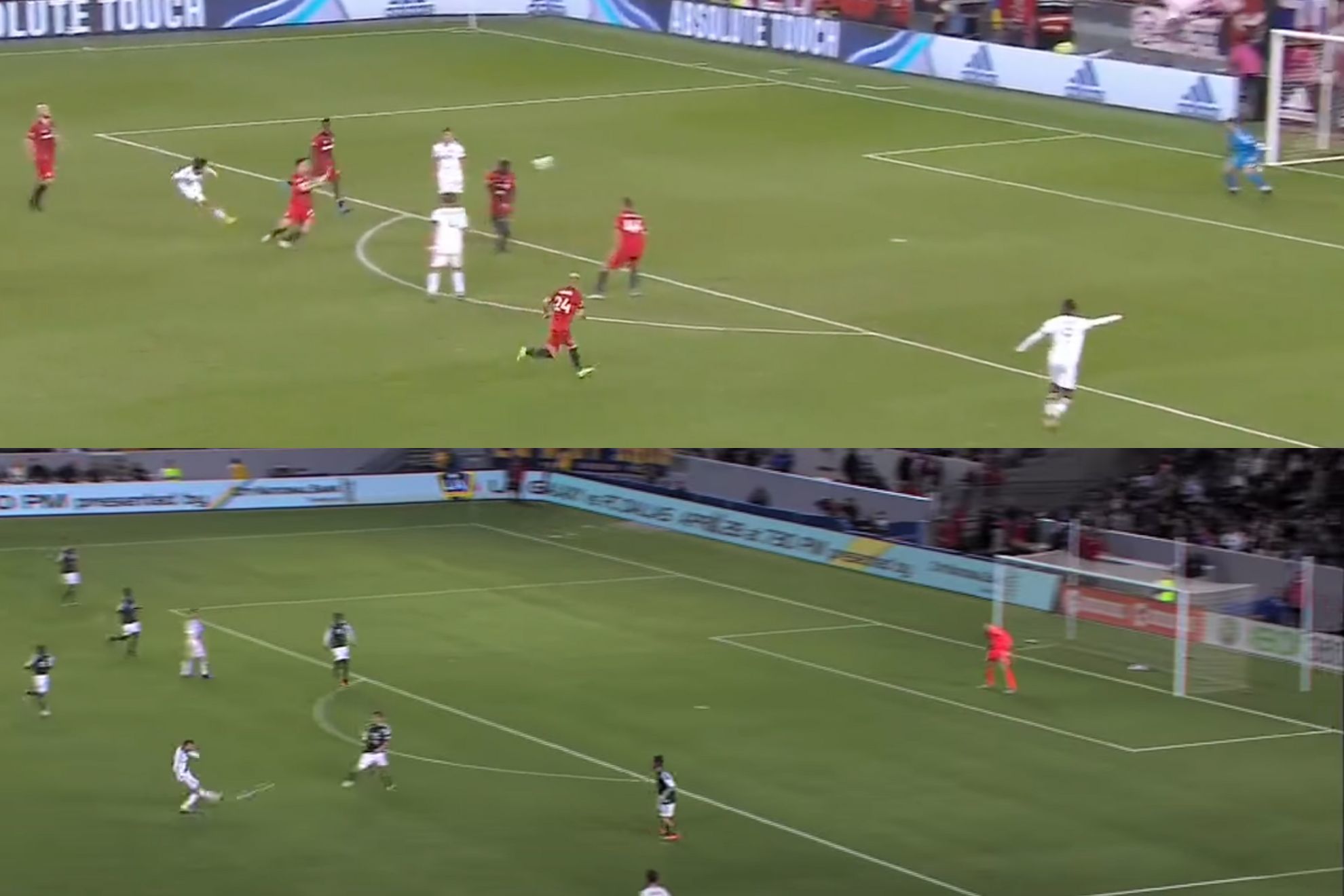 Riqui Puig scores his first MLS goal against Toronto FC (Top image). Beckham scores against Timbers in 2012 (Bottom). - TSN/MLS
