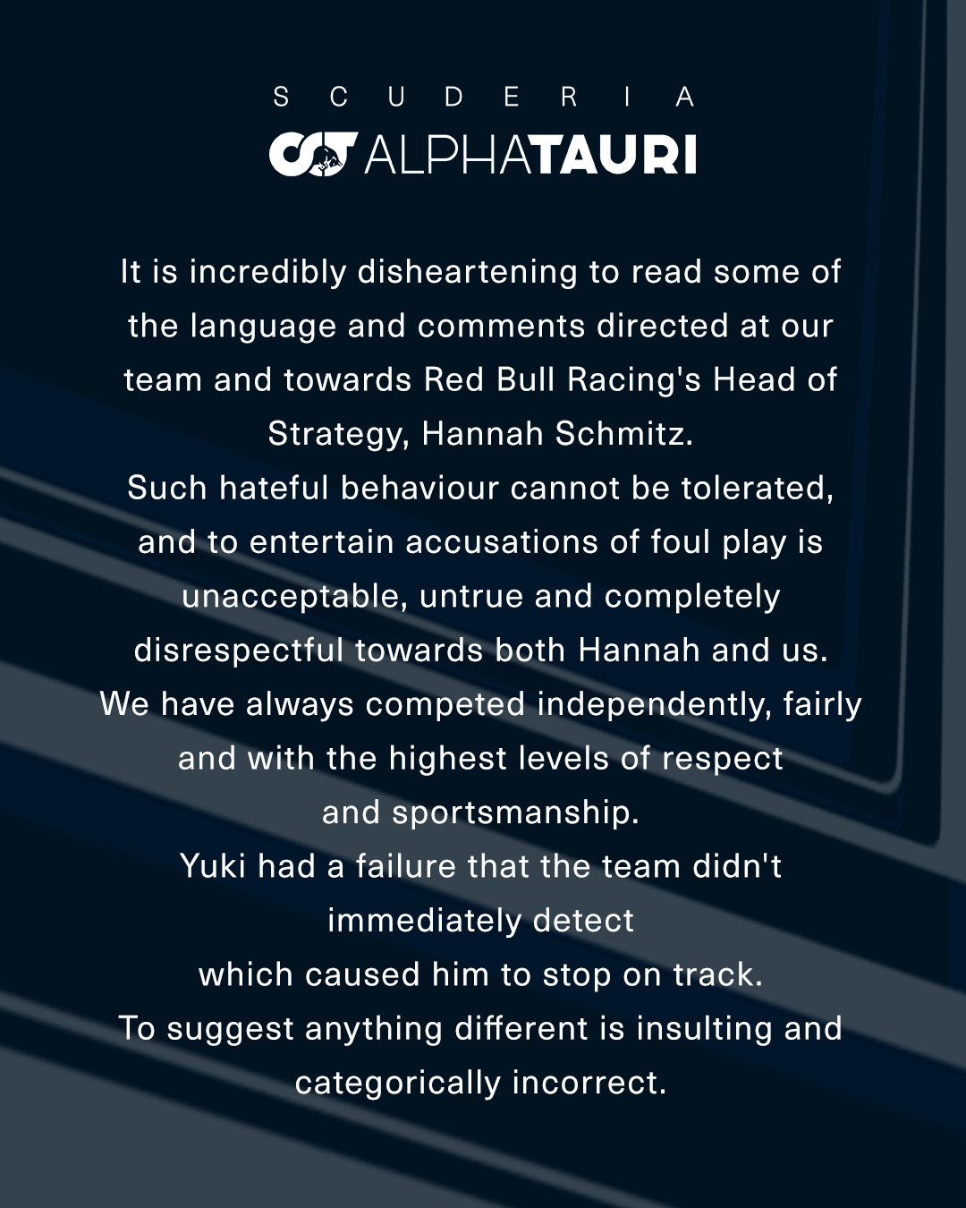 El comunicado de AlphaTauri (traducido en el texto) | TWITTER