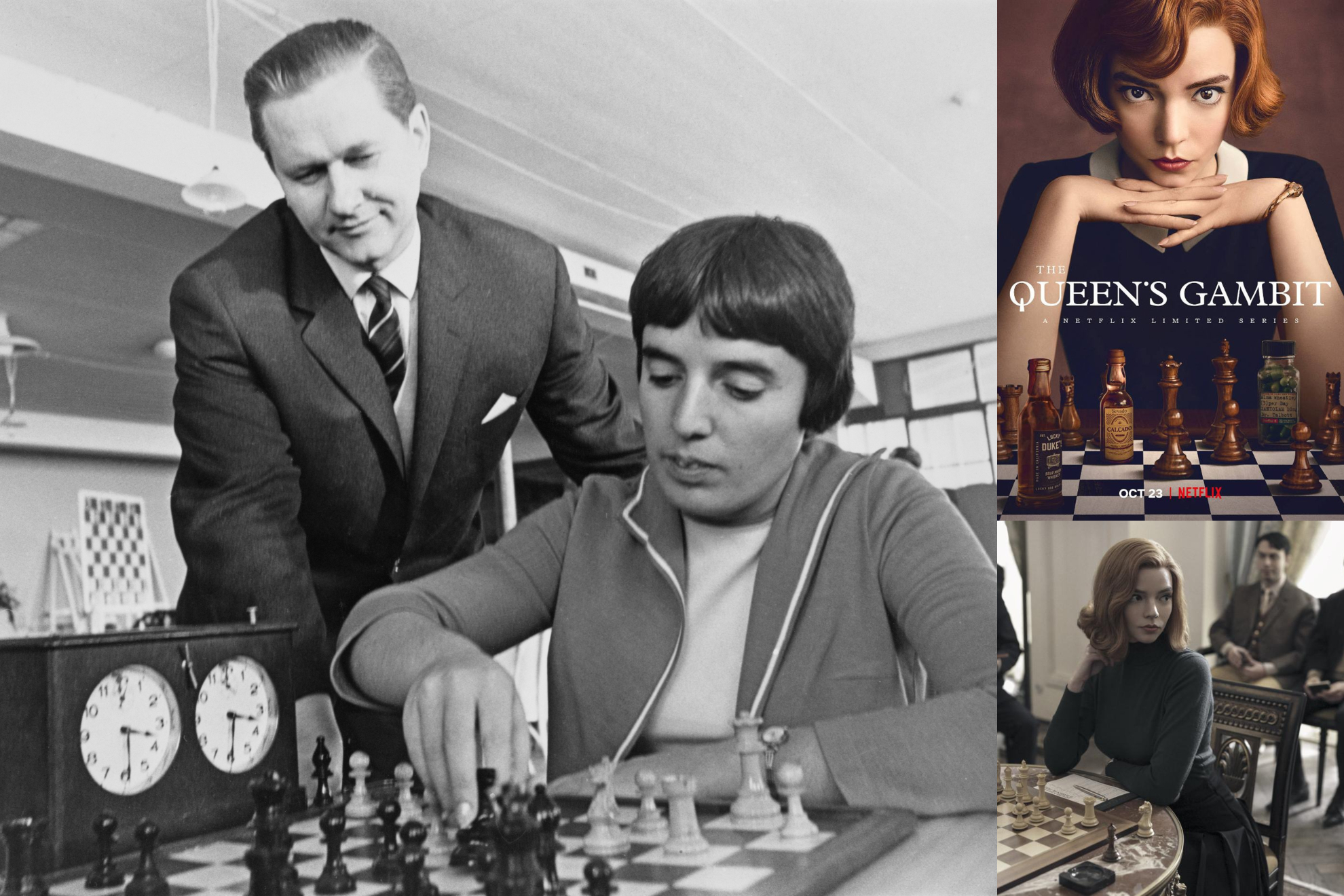 Nona Gaprindashvili, en 1964 y el cartel y una secuencia de 'Gambito de Dama' / Getty Images