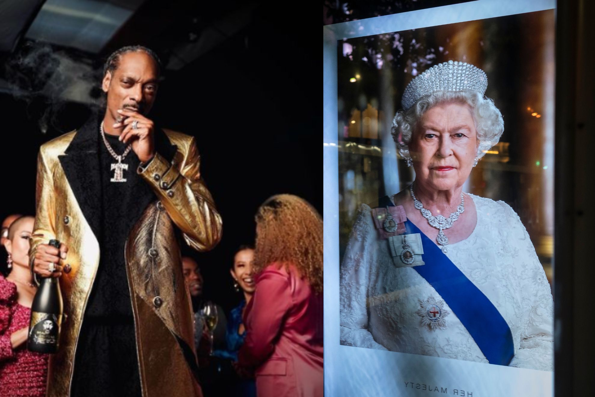 Snoop Dogg (left) / @snoopdogg - Twitter and Queen Elizabeth II (right) / AP