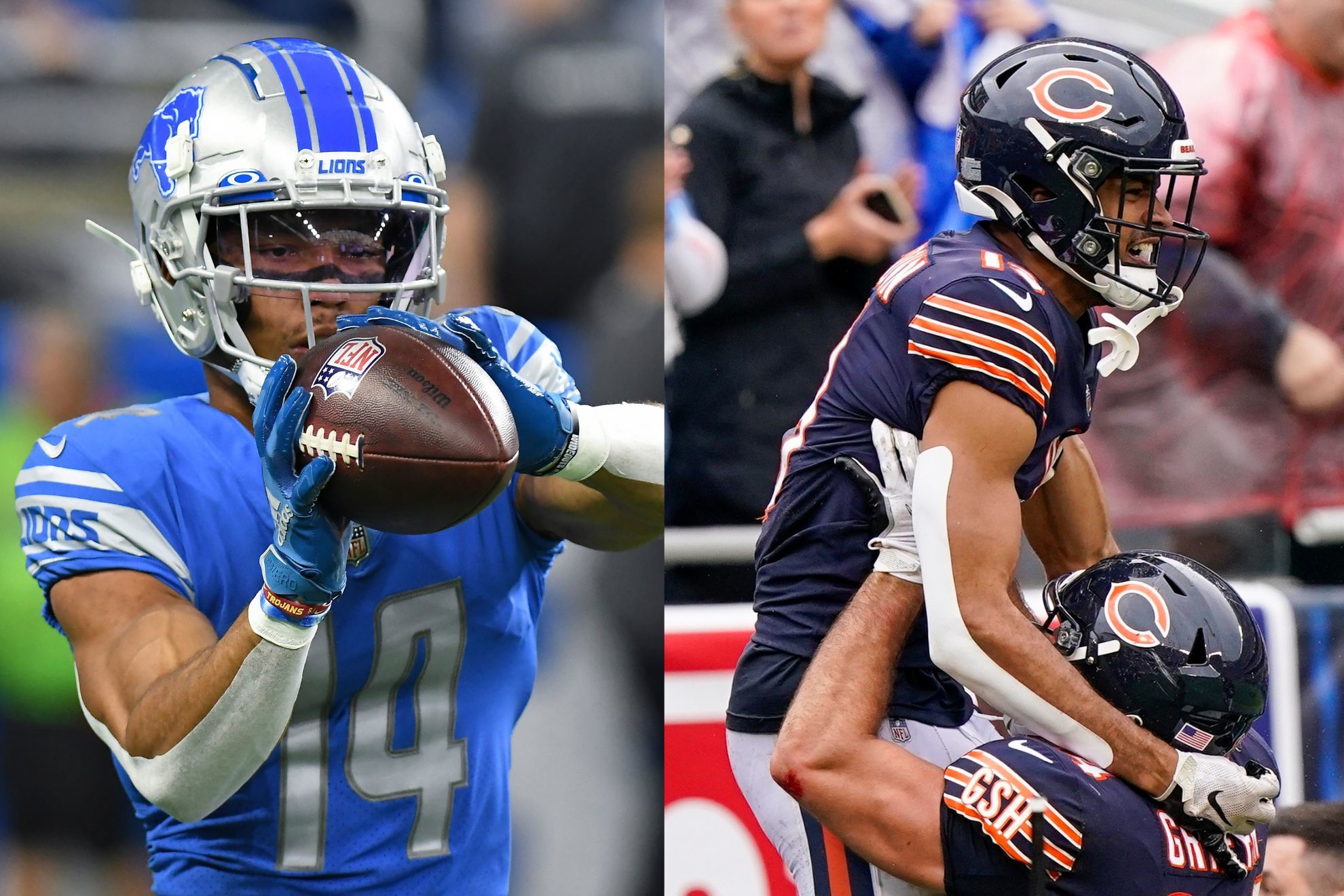 Brothers Amon-Ra St. Brown of the Detroit Lions and Equanimeous St. Brown of the Chicago Bears / AP