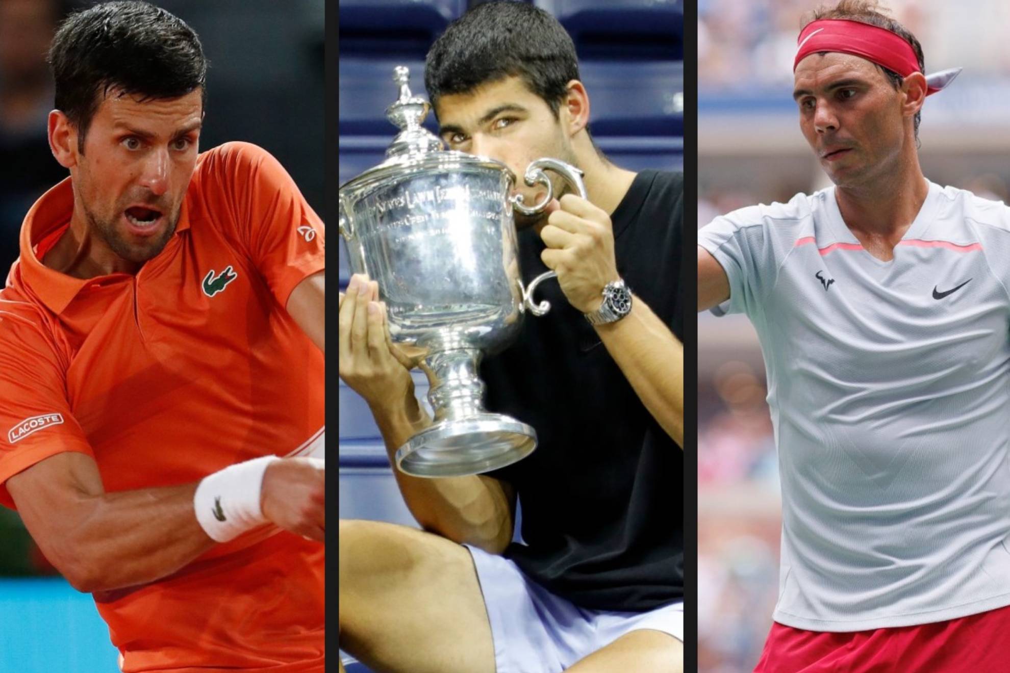 Novak Djokovic, Carlos Alcaraz y Rafa Nadal