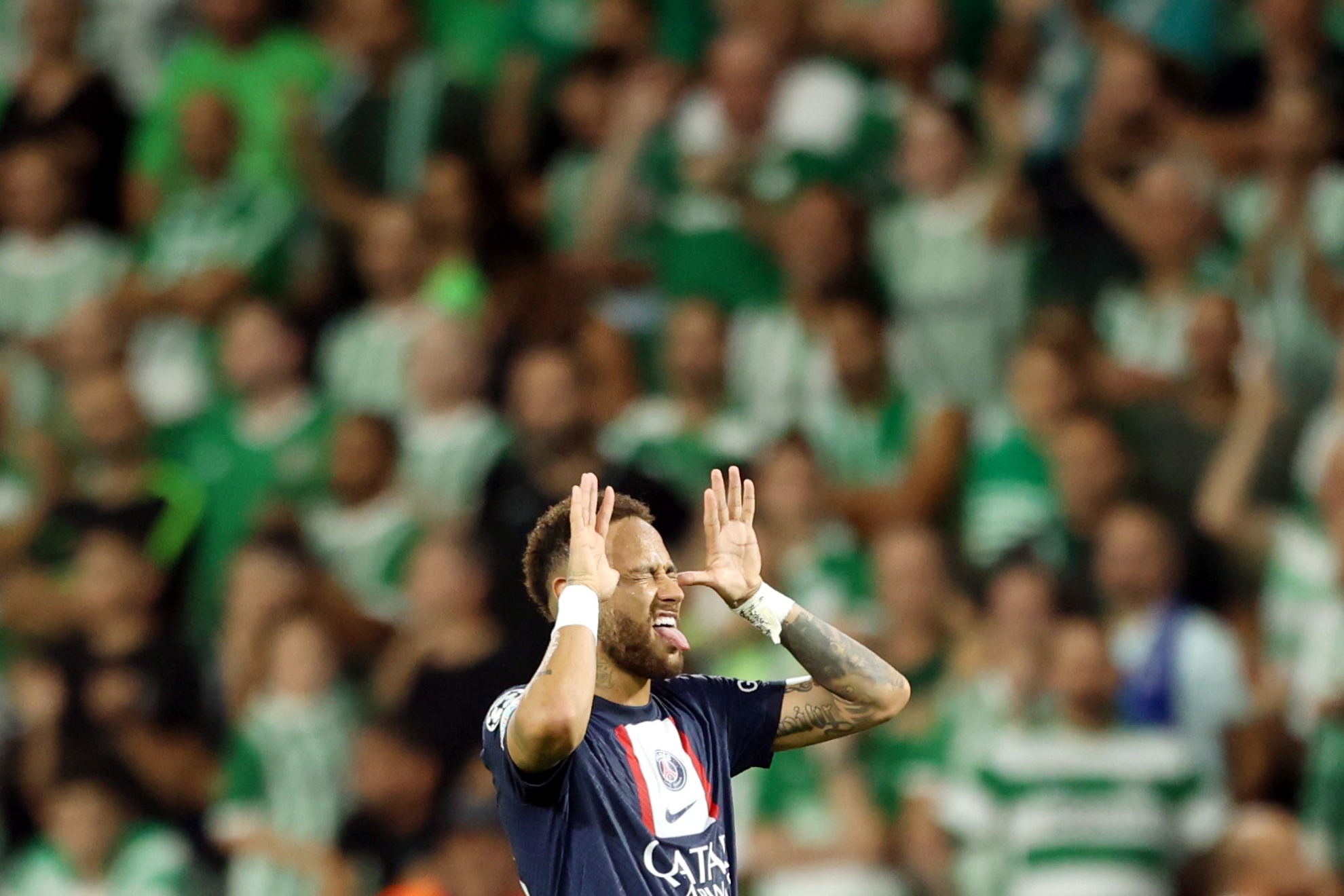 Neymar celebrates his goal against Maccabi Haifa