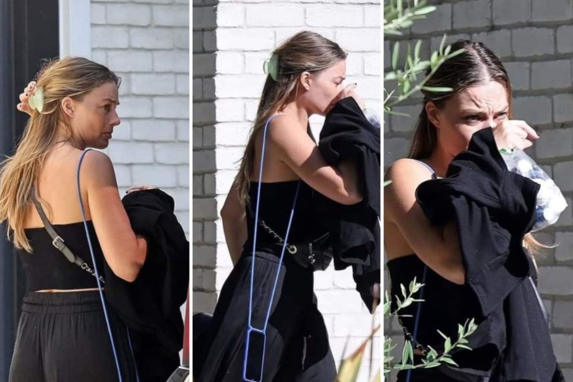 Margot Robbie seems very distressed after visiting Cara Delevingne (Twitter @dailymail)