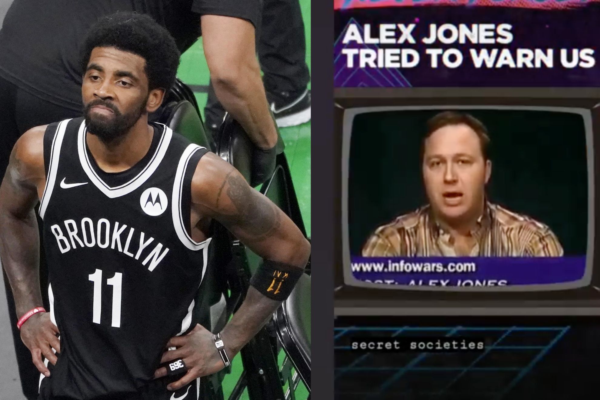 Kyrie Irving (left) during a game with the Nets. Far-right conspiracy theorist Alex Jones (right), from a 2002 video. -AP/IG