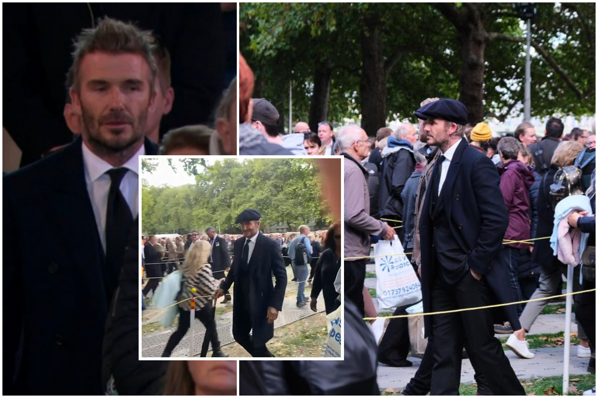 Un montaje con varias imágenes de Beckham en la cola para ver la capilla ardiente de la reina.