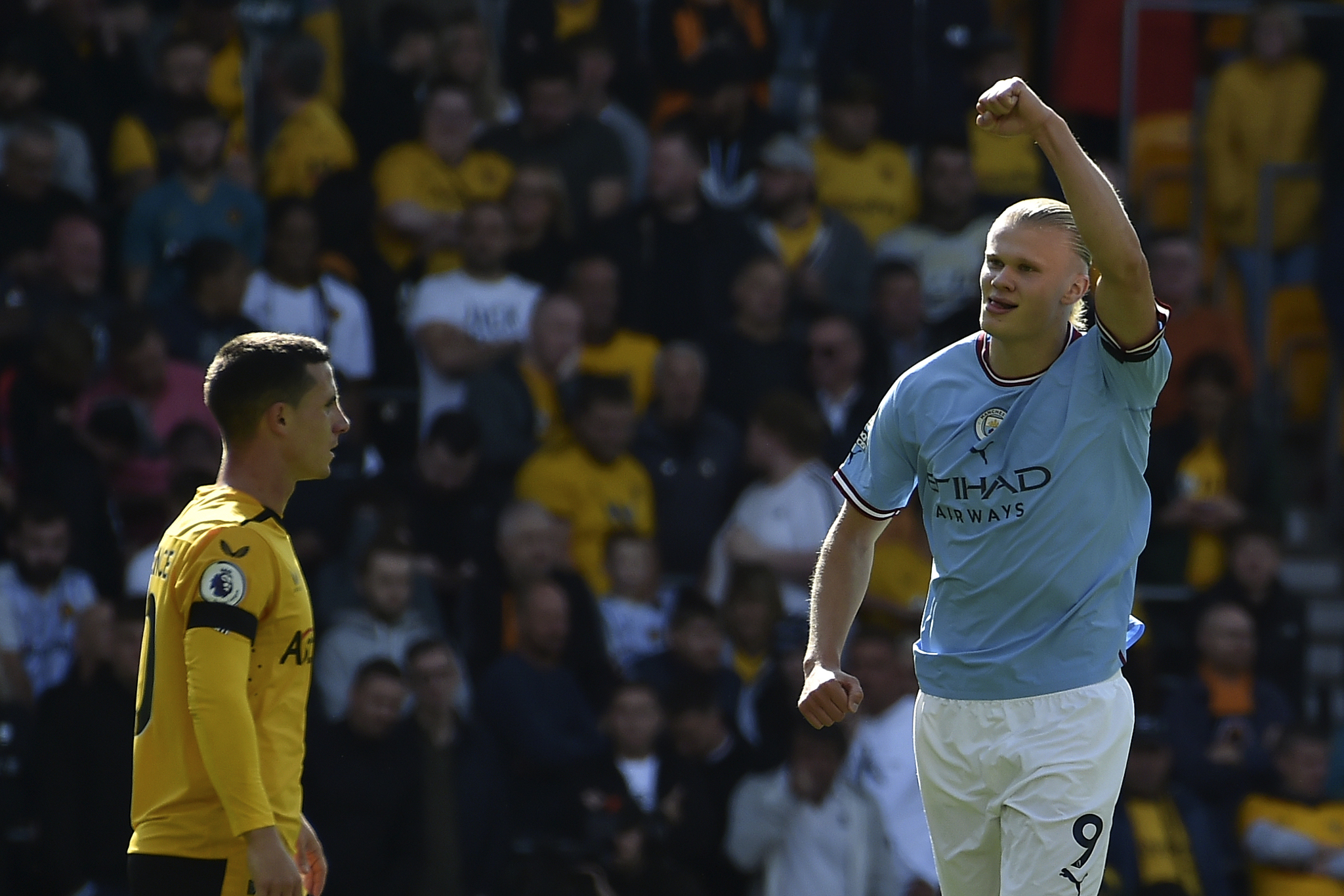 Haaland celebrates for Manchester City against Wolves. AP.