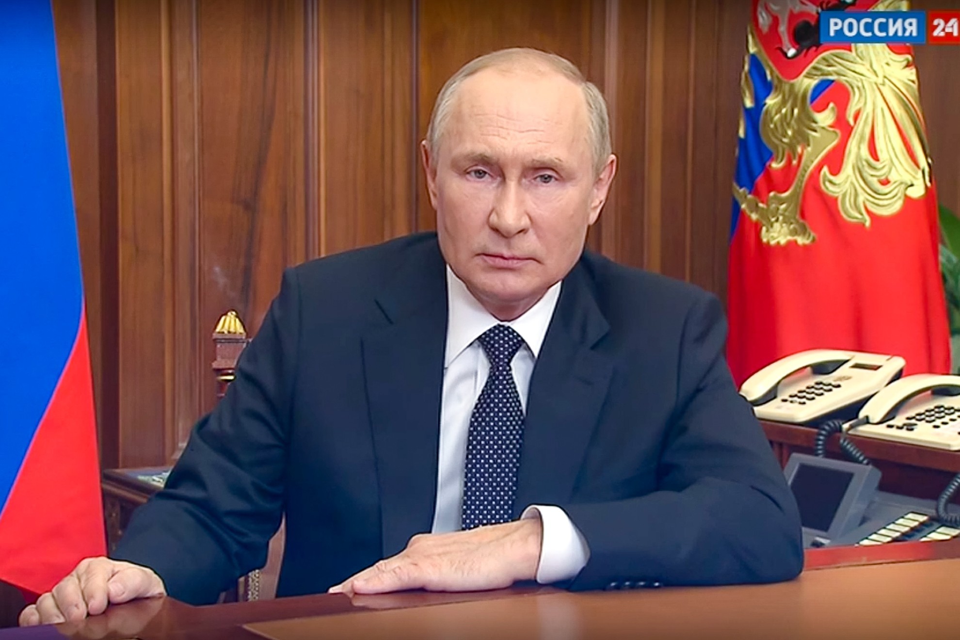 In this image made from a video released by the Russian Presidential Press Service, Putin addresses the nation. / AP