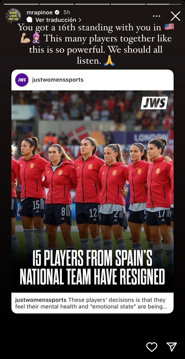 Mensaje de Megan Rapinoe en Instagram apoyando a las 15 futbolistas que han renunciado a la Selección de España. FOTO: Instagram (@mrapinoe)
