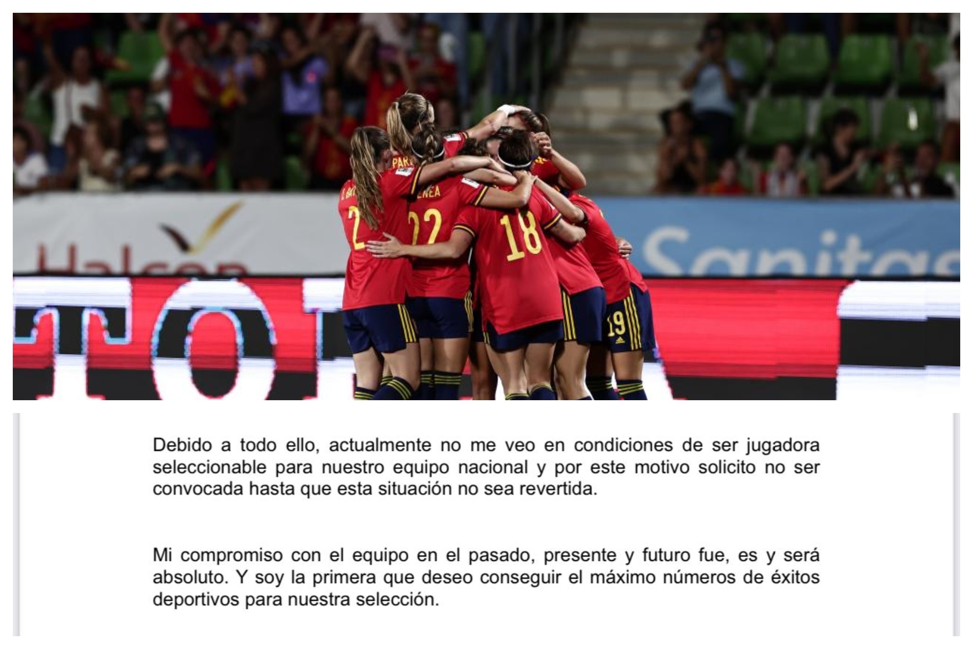 Un montaje con un fragmento del email y una imagen de las jugadoras celebrando un gol.