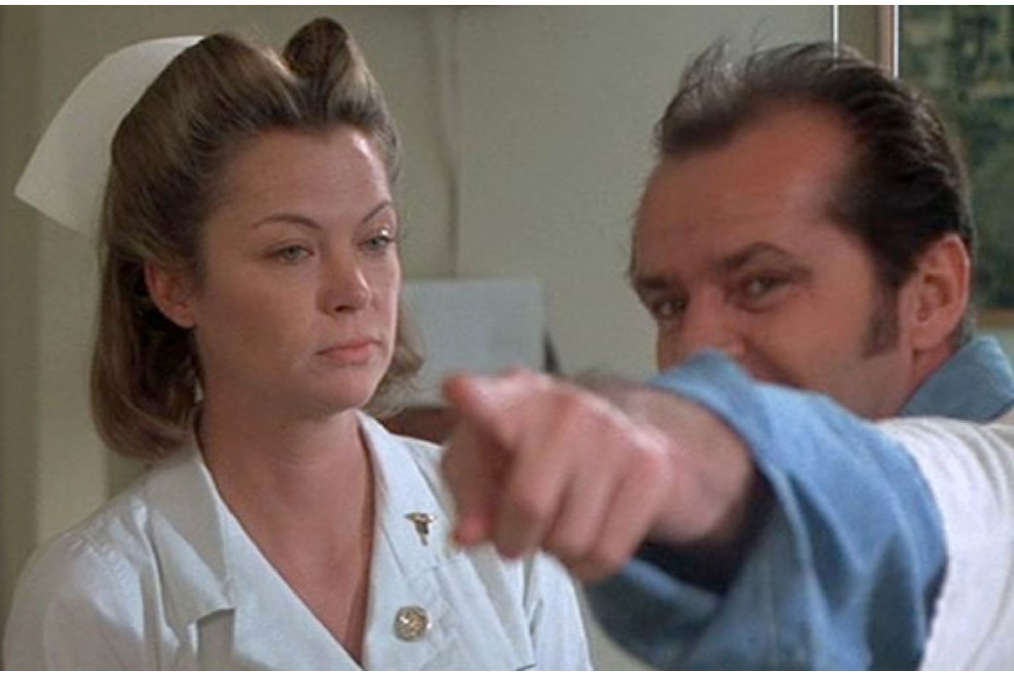 Louise Fletcher and Jack Nicholson act out a scene in One Flew Over the Cuckoo's Nest (1975). -SG