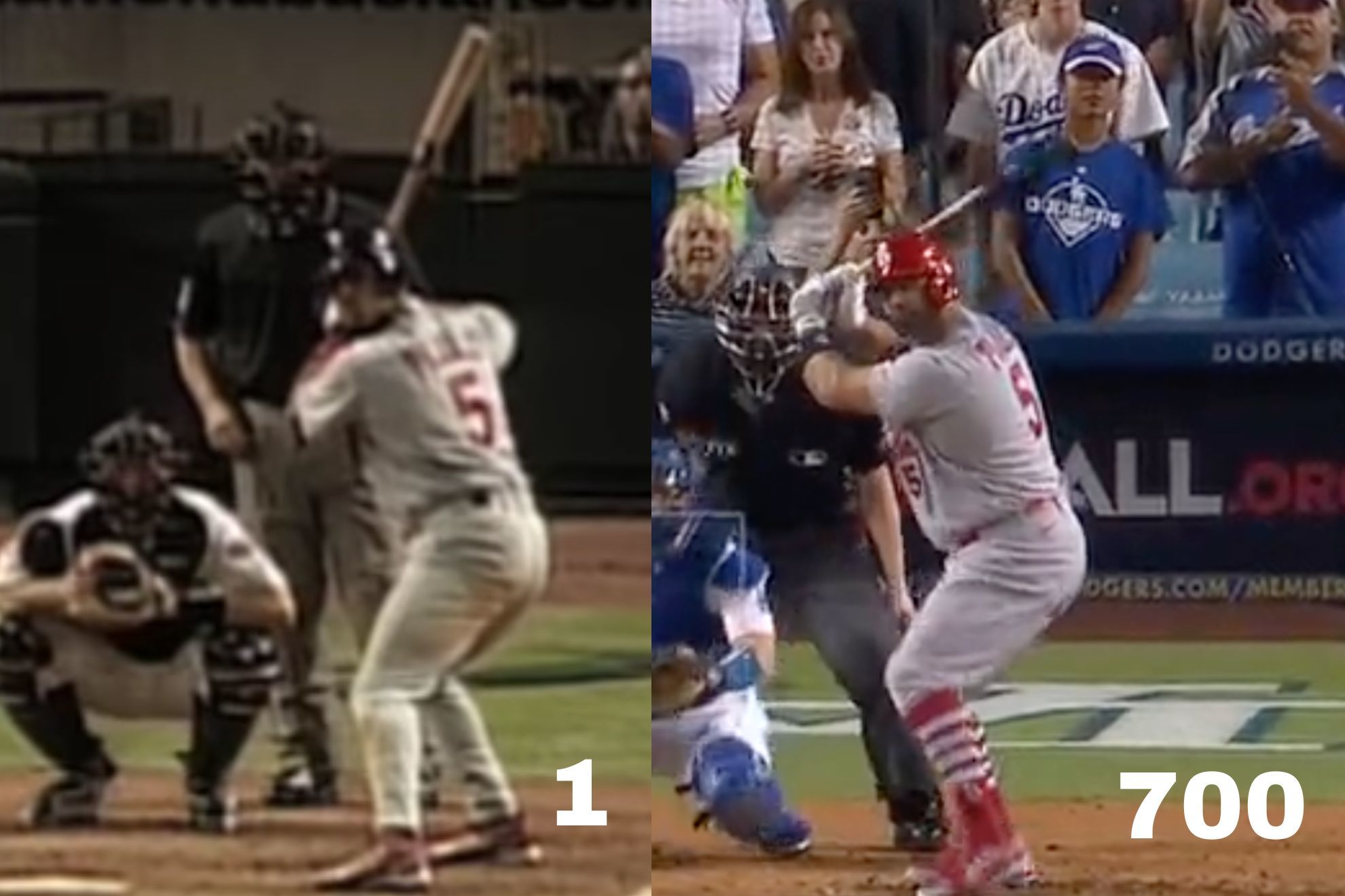 (Left) Albert Pujols at bat, seconds away from getting his first home run ever in the MLB. (Right) Pujols getting HR number 700 at Dodger Stadium. -MLB