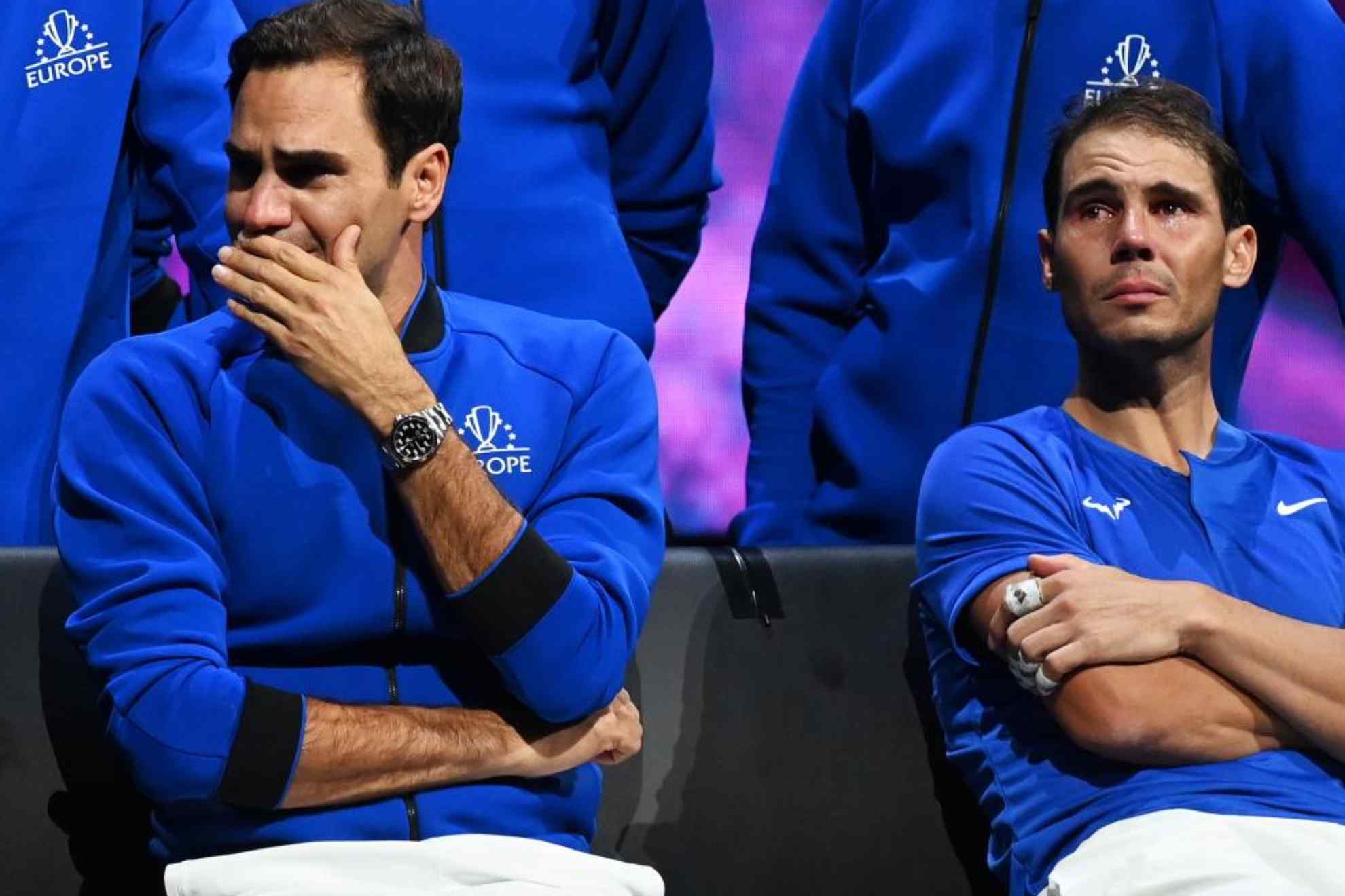 Federer y Nadal, el día de la despedida del tenista suizo.