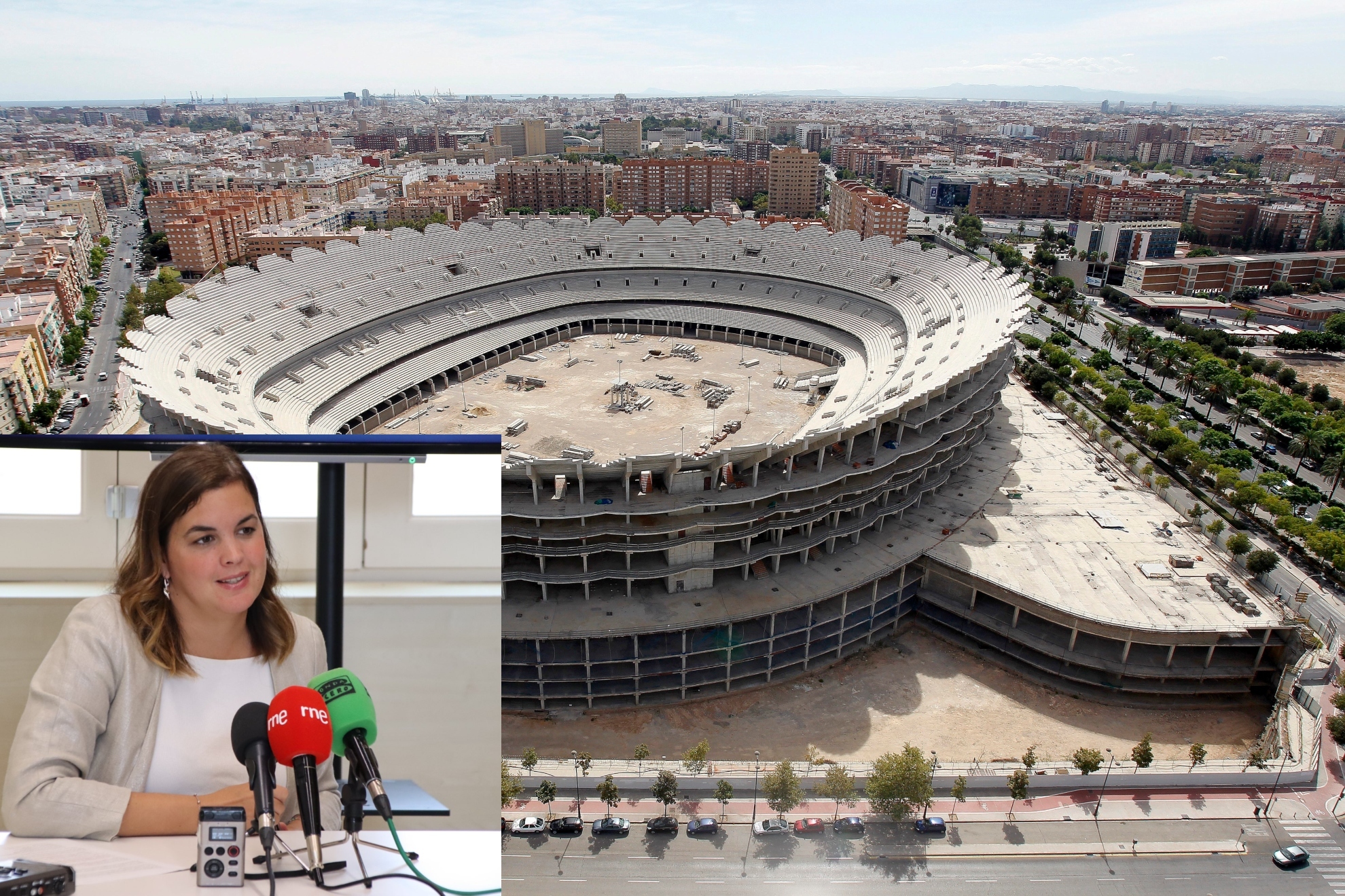 La vicealcaldesa, Sandra Gómez, y una imagen de las obras del nuevo estadio. | SANZ
