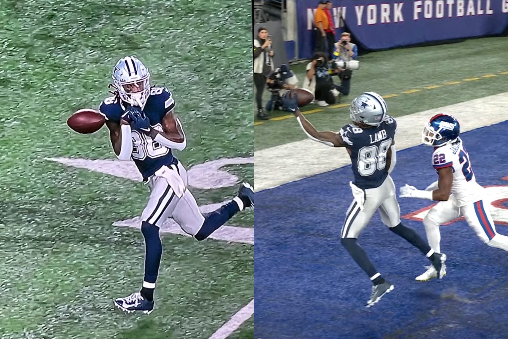Ceedee Lamb took Cowboys fans on a rollercoaster ride in New York. He went from dropping a perfectly thrown ball by Cooper Rush to making an incredible one-handed grab for the game winning TD. -ABC