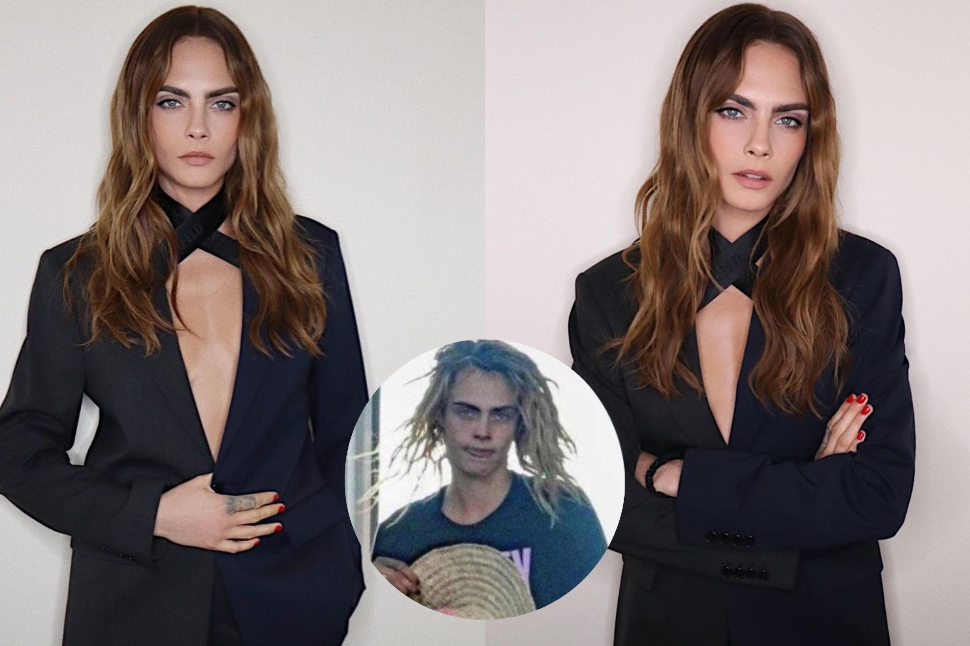 Pictures that the model shared before her public appearance, with a more natural less makeup look. In the middle, how she appeared during her concerning episode earlier this month.-@caradelevingne