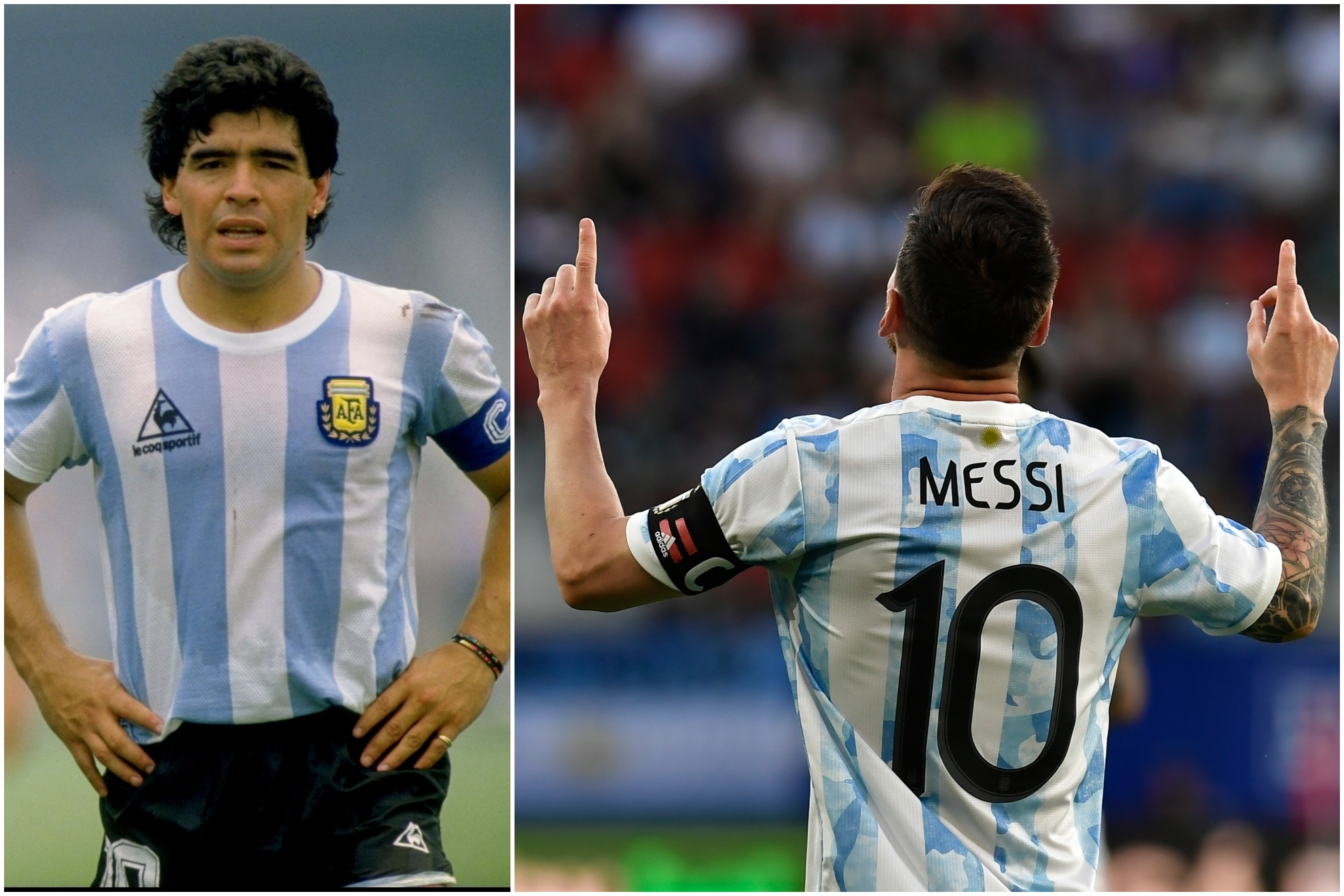 Maradona en el Mundial de 86 y Messi, en una imagen reciente con la Albiceleste.