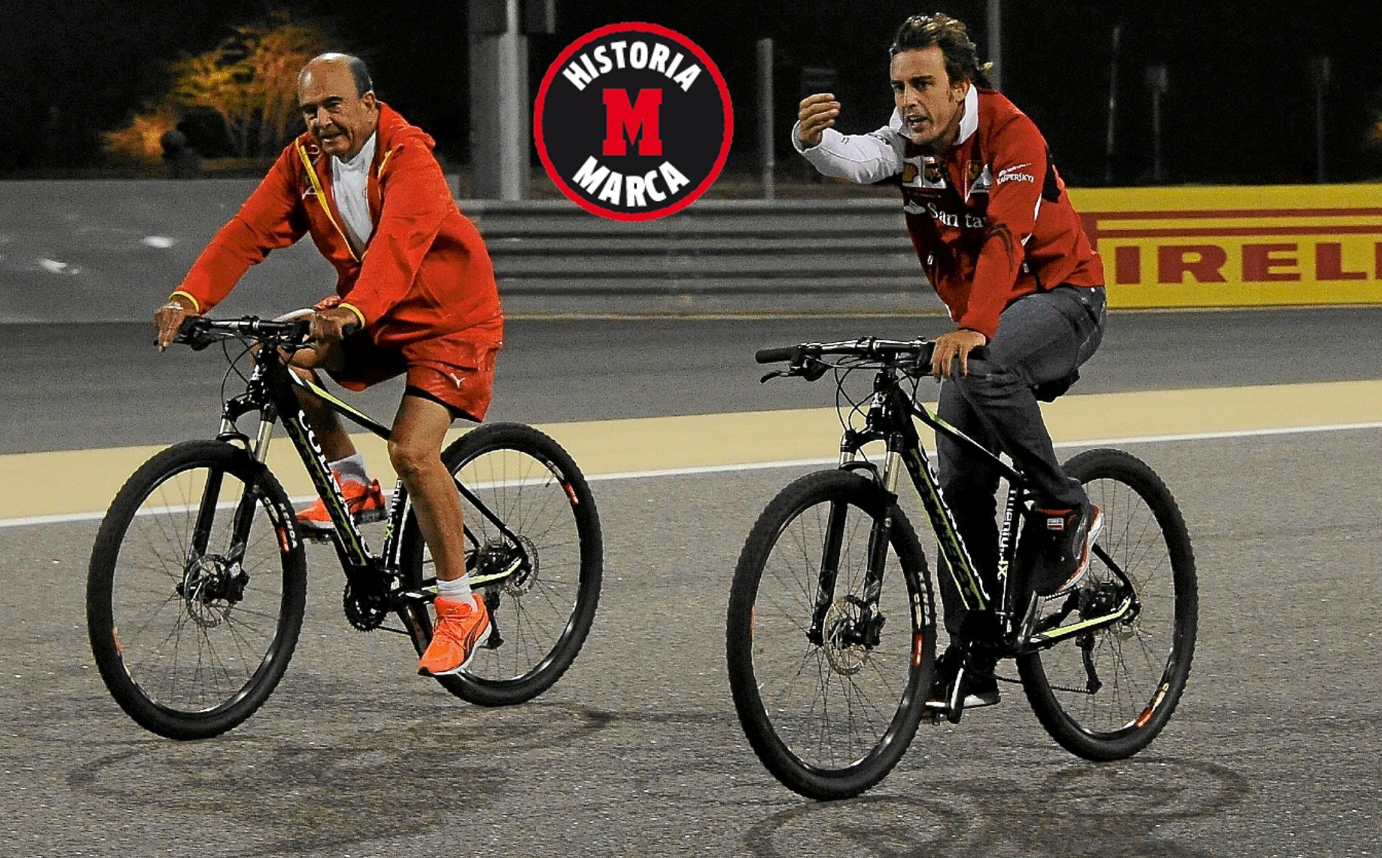 Fernando Alonso y Emilio Botn, montando en bici en el circuito Marina Bay de Singapur. (FOTOS RV RACINGPRESS).