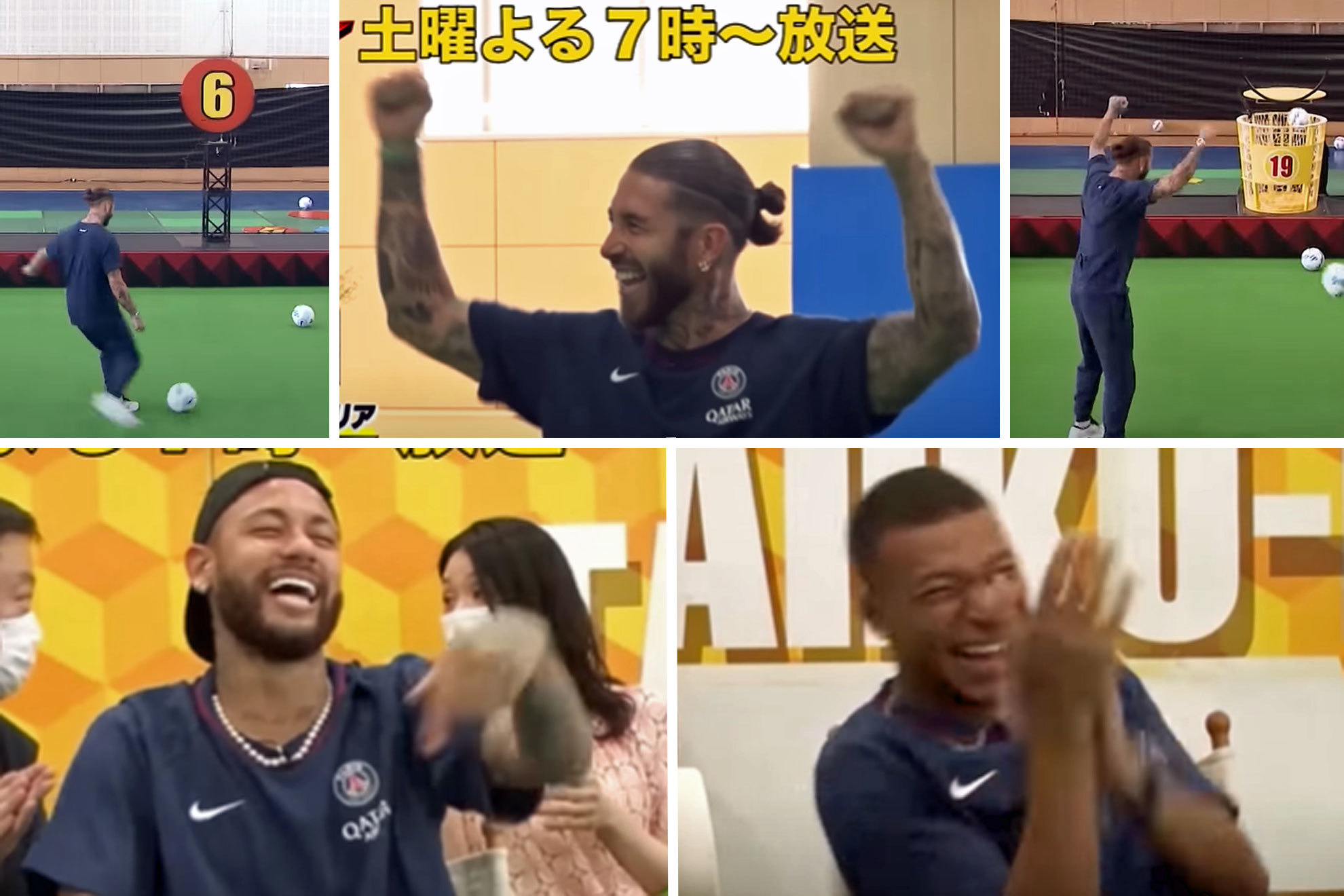 El loquísimo reto de puntería de Ramos en una televisión japonesa: ¡Neymar y Mbappé no podían para de reír!
